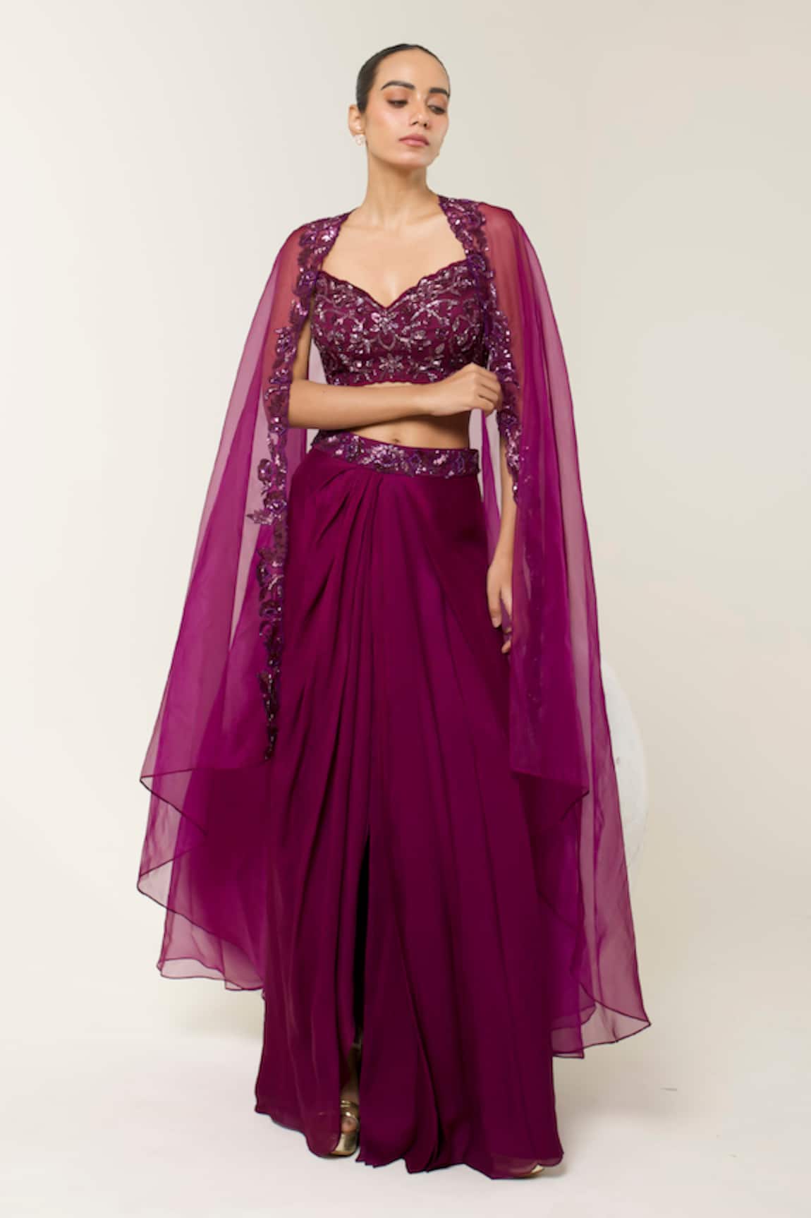 Libas Cafe by Nidhi & Ashish Embroidered Blouse & Dhoti Skirt With Sheer Cape