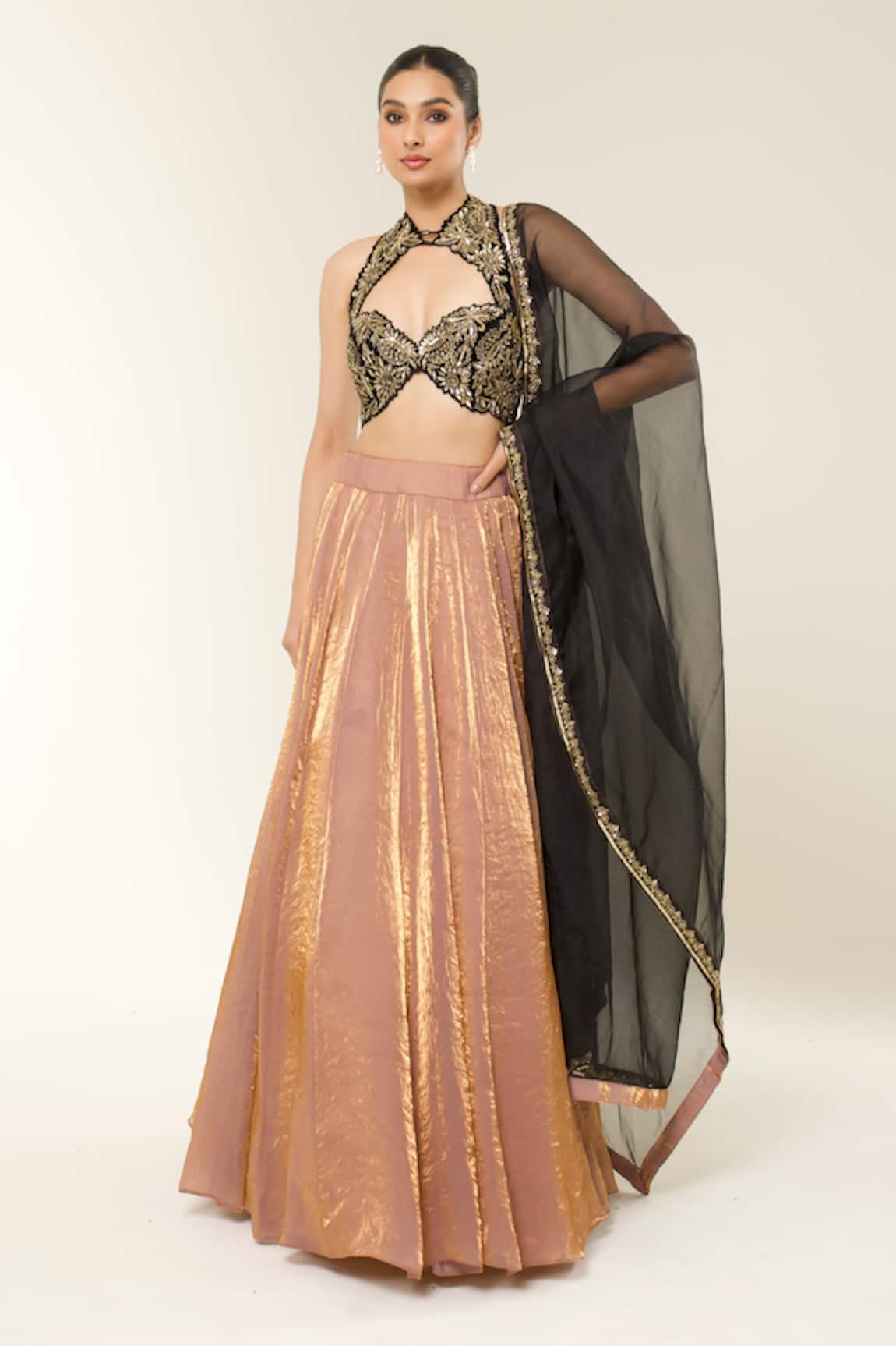 Libas Cafe by Nidhi & Ashish Hand-Embroidered Halter Blouse Lehenga Set