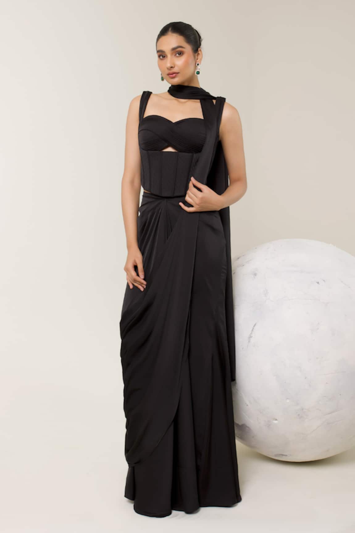 Libas Cafe by Nidhi & Ashish Sculpted Cutout Corset & Pre-Draped Saree Set