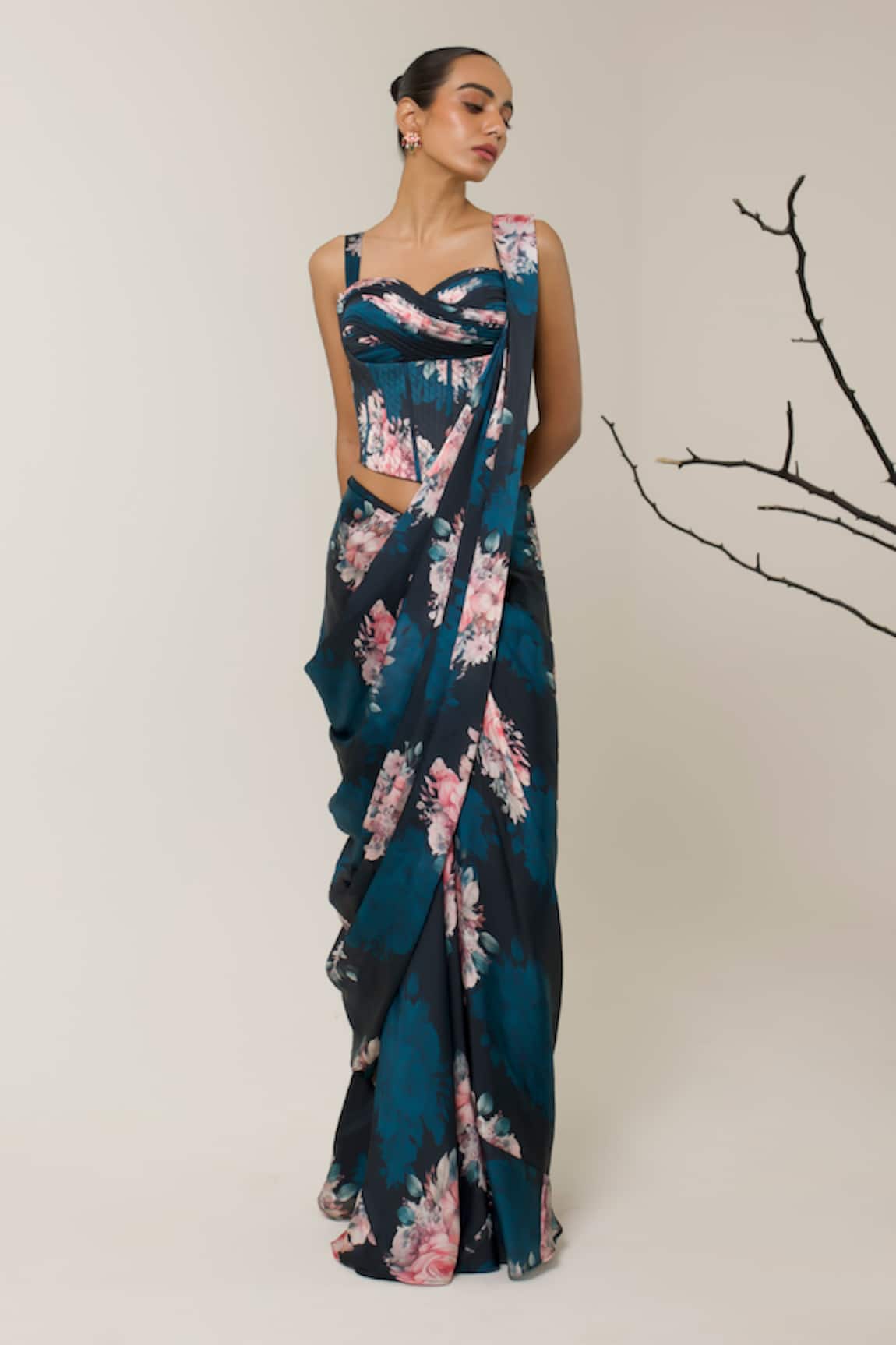 Libas Cafe by Nidhi & Ashish Multicolour Floral Print Corset Saree & Blouse Set