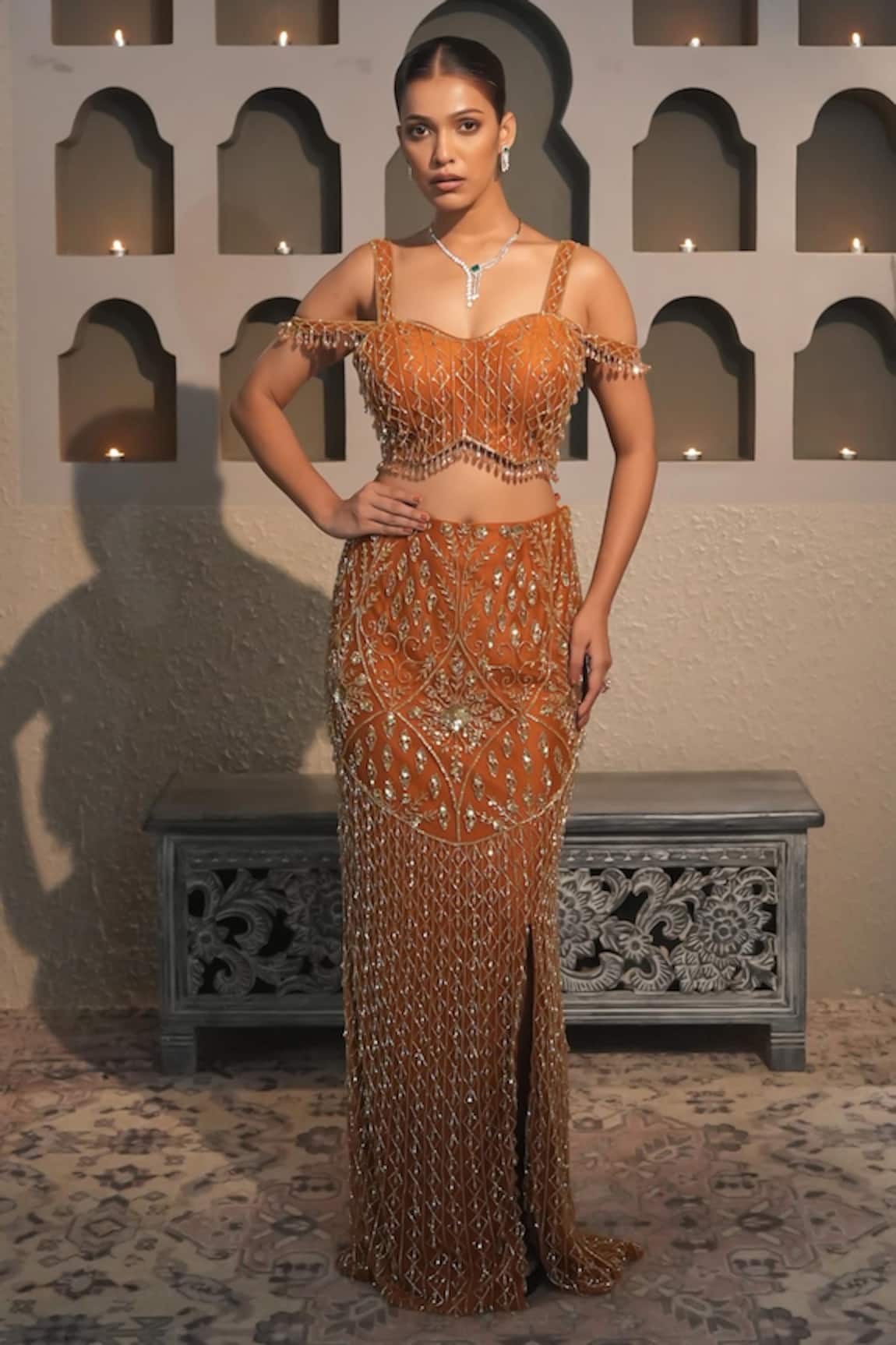 Libas Cafe by Nidhi & Ashish Fish Cut Embroidered Lehenga & Blouse Set 