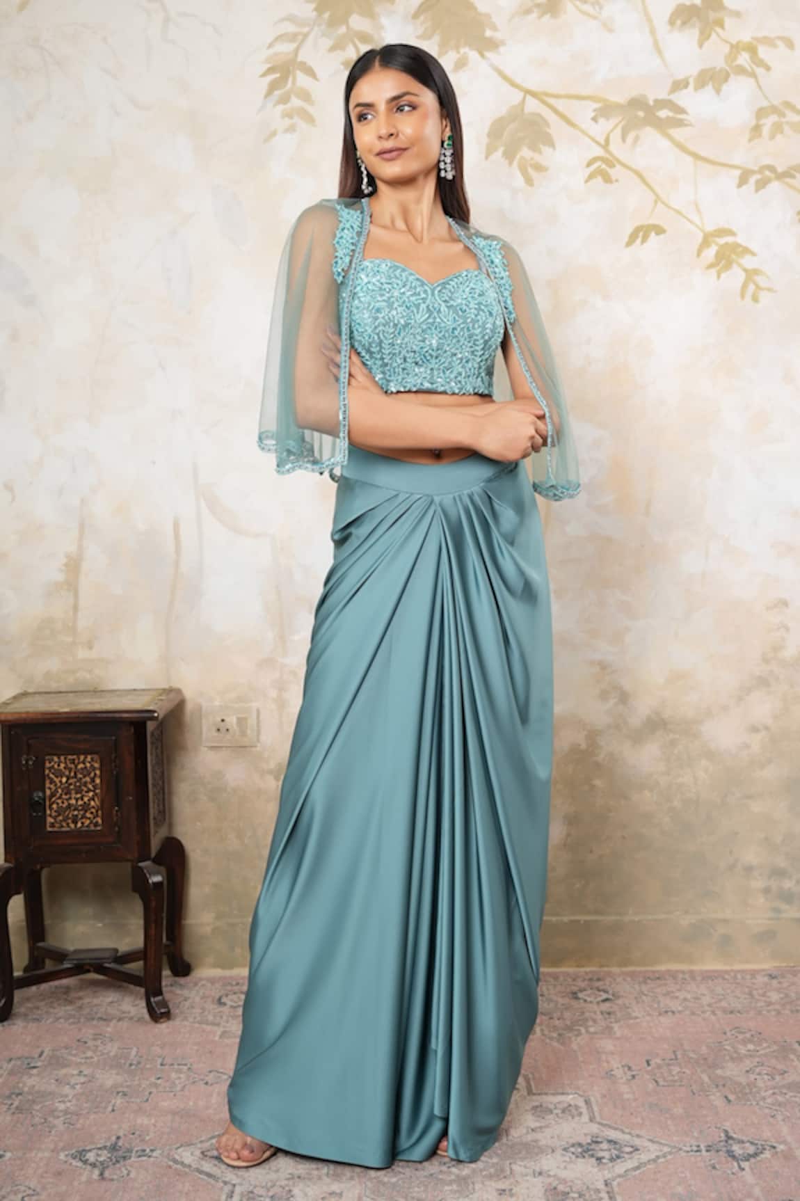 Libas Cafe by Nidhi & Ashish Hand Embroidered Cape, Blouse & Draped Skirt Set 