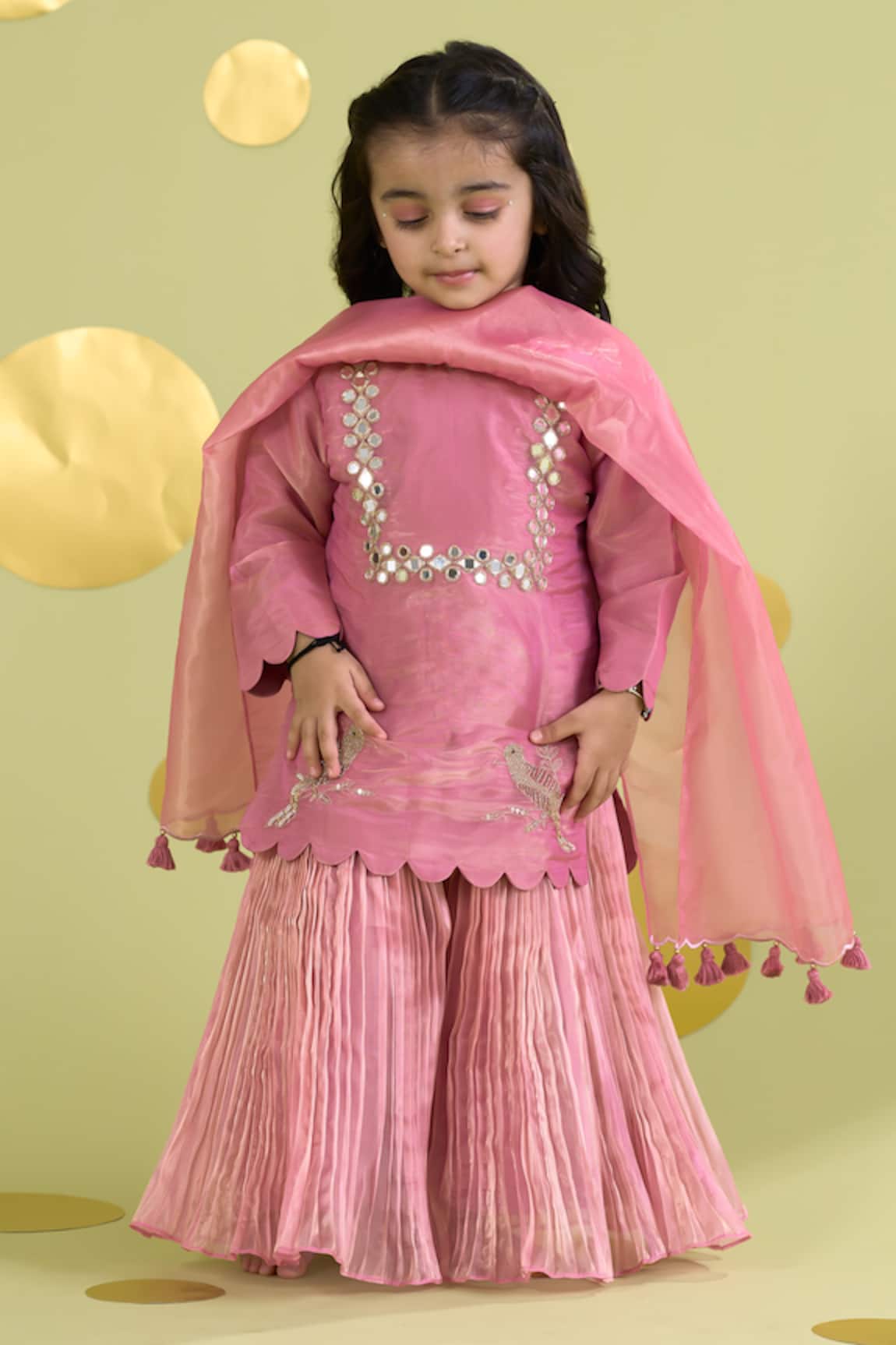 Vivedkids Pink Bird Mirror Kurta Sharara Set 
