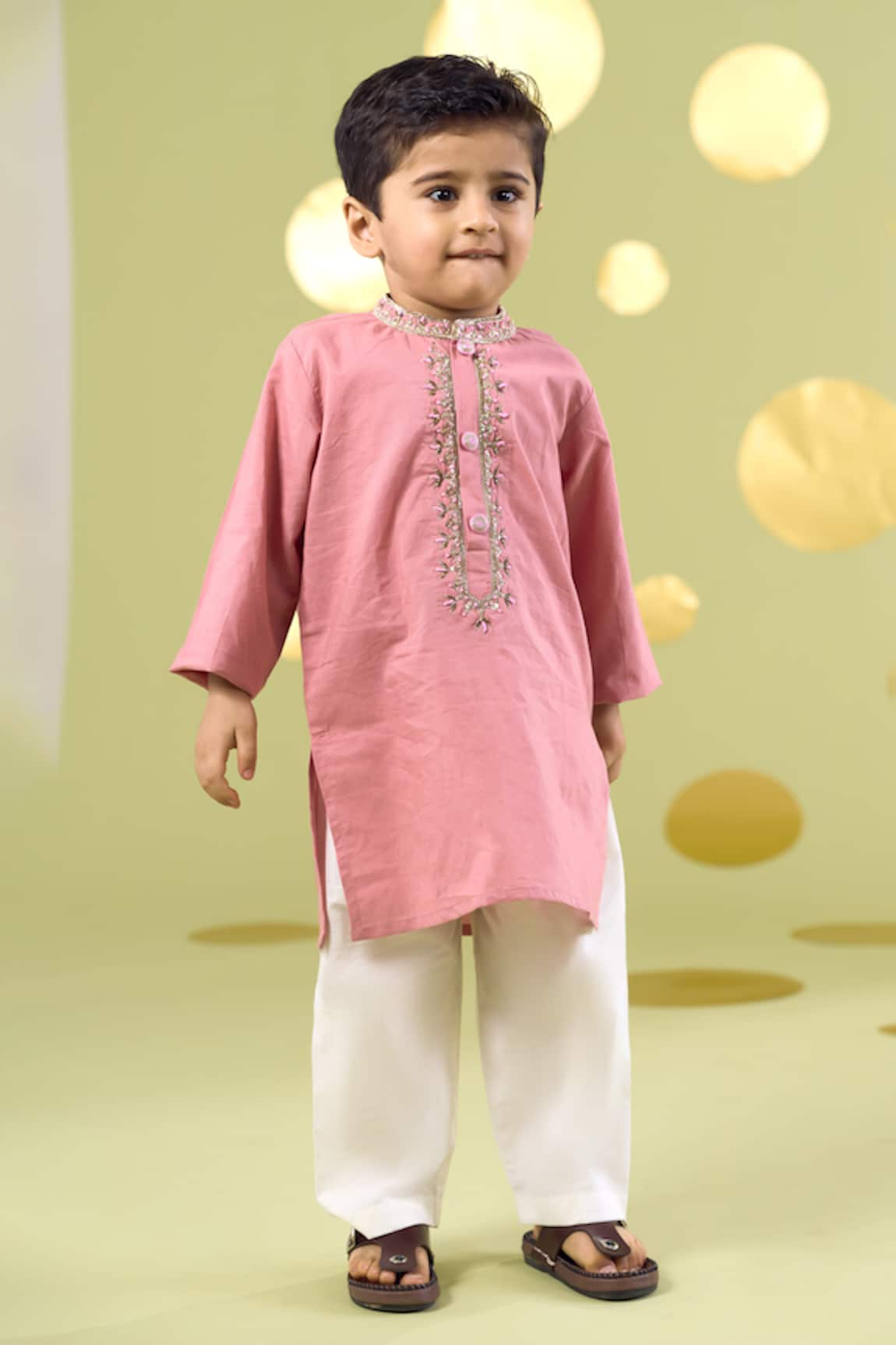 Vivedkids Pink Handwork Neckline Kurta & Pant Set 