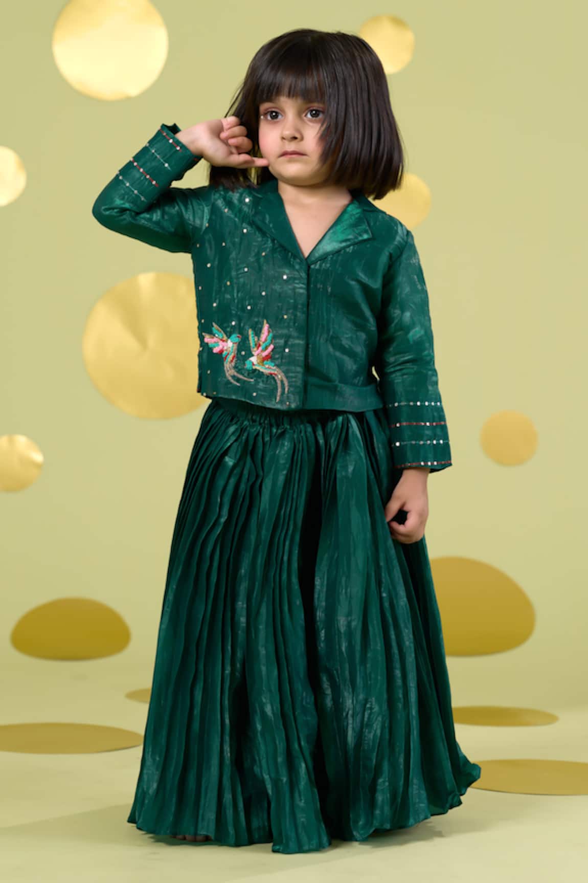 Vivedkids Green Bird Embroidered Shirt & Skirt Set 