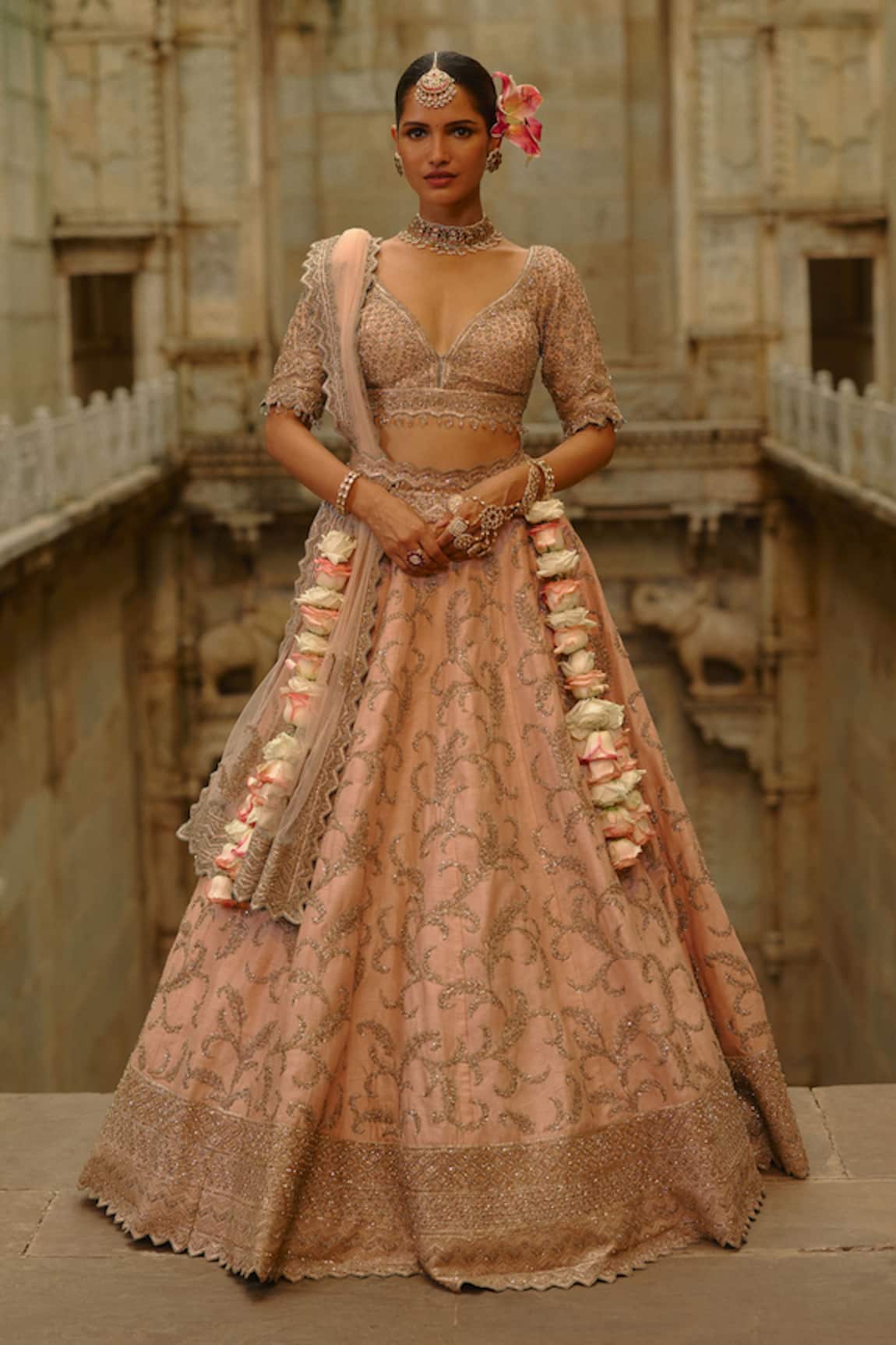 Nitika Gujral Peach Raw Silk Bridal Lehenga Set 