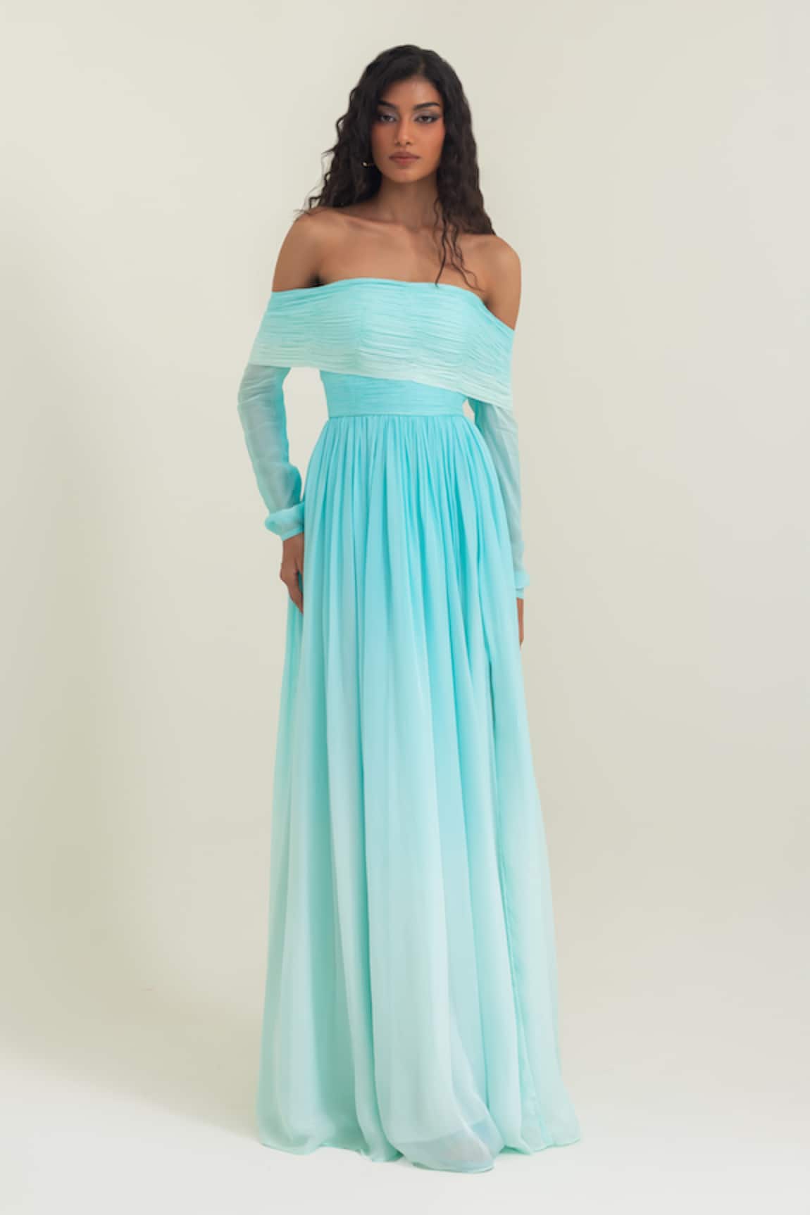 Pinup By Astha Ravello Off Shoulder Pleated Gown 