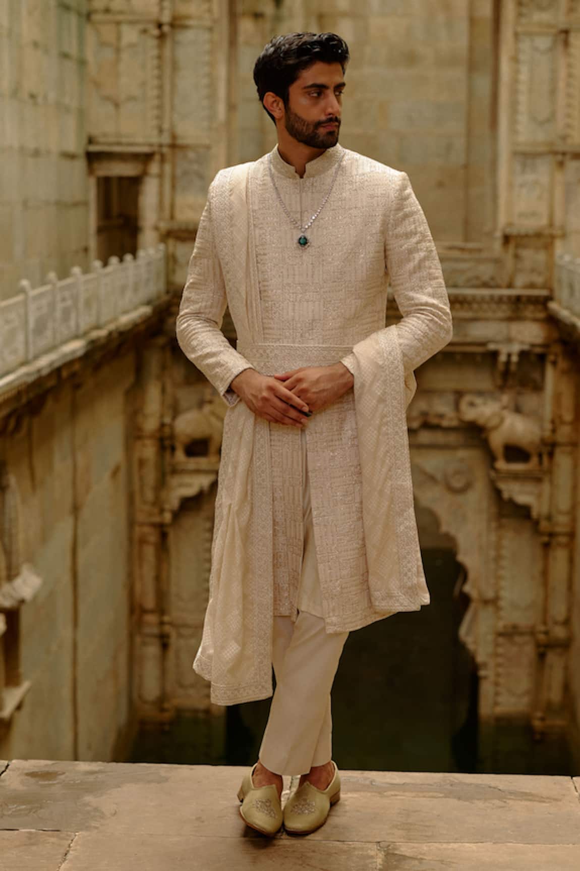 Nitika Gujral Beige Geometric Embroidered Raw Silk Sherwani Set 