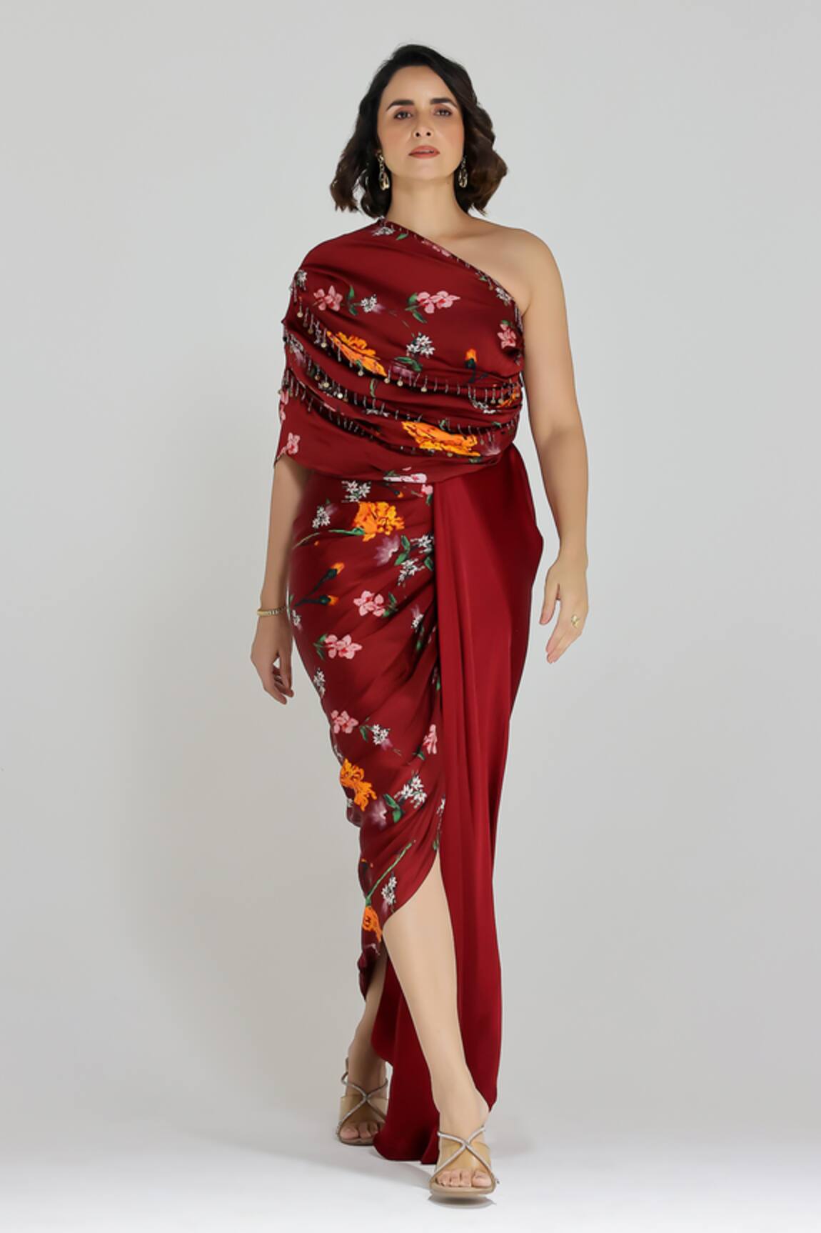 Studio Surbhi Floral Print One Shoulder Draped Gown 