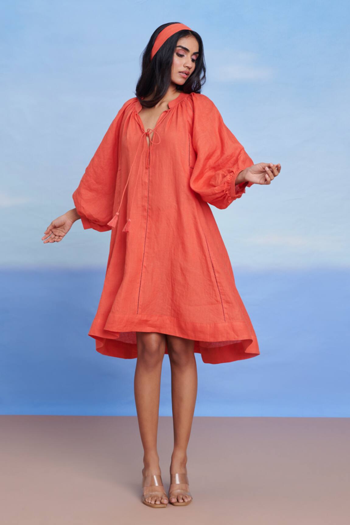 Saphed Tangerine Linen Lace Panelled Dress 