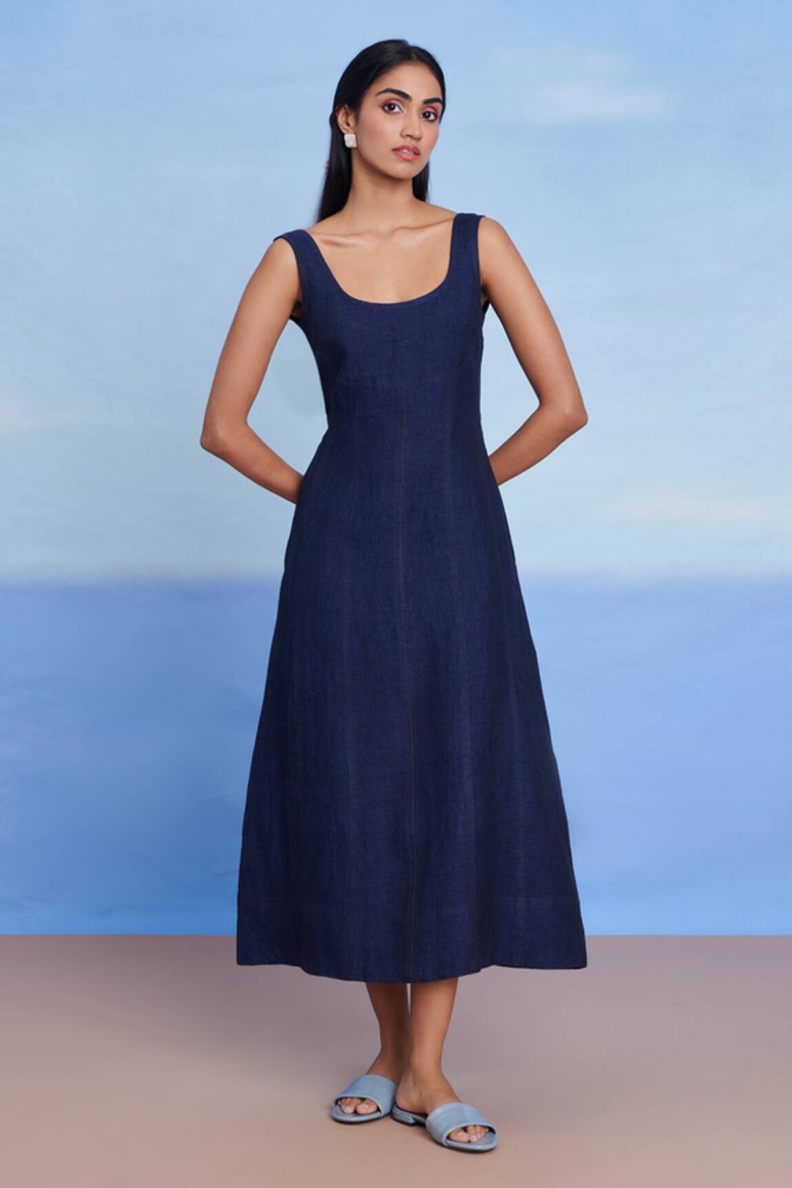 Saphed Neel Linen Denim Panelled Dress 