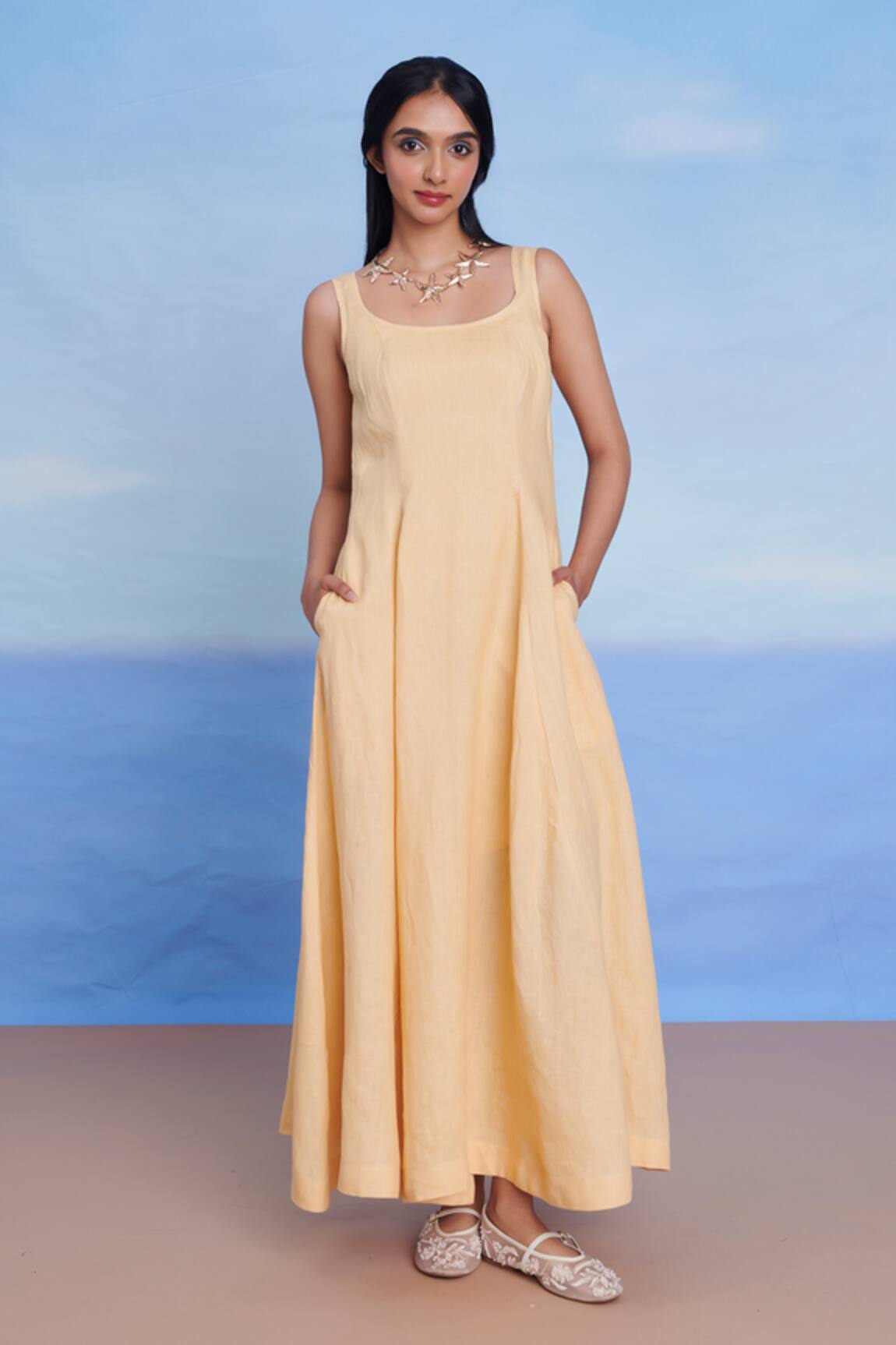 Saphed Butterscotch Linen Scoop Neck Dress 