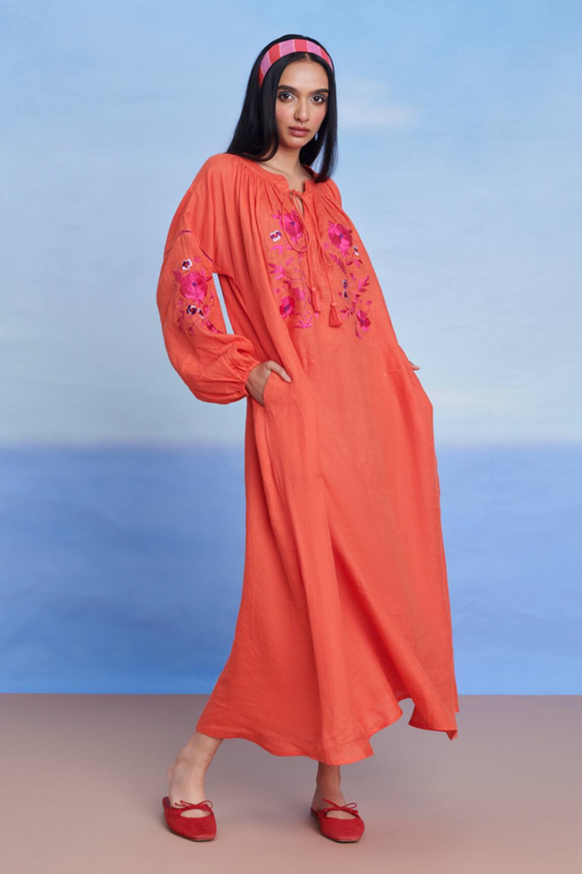 Saphed Tangerine Linen Puff Sleeves Dress 