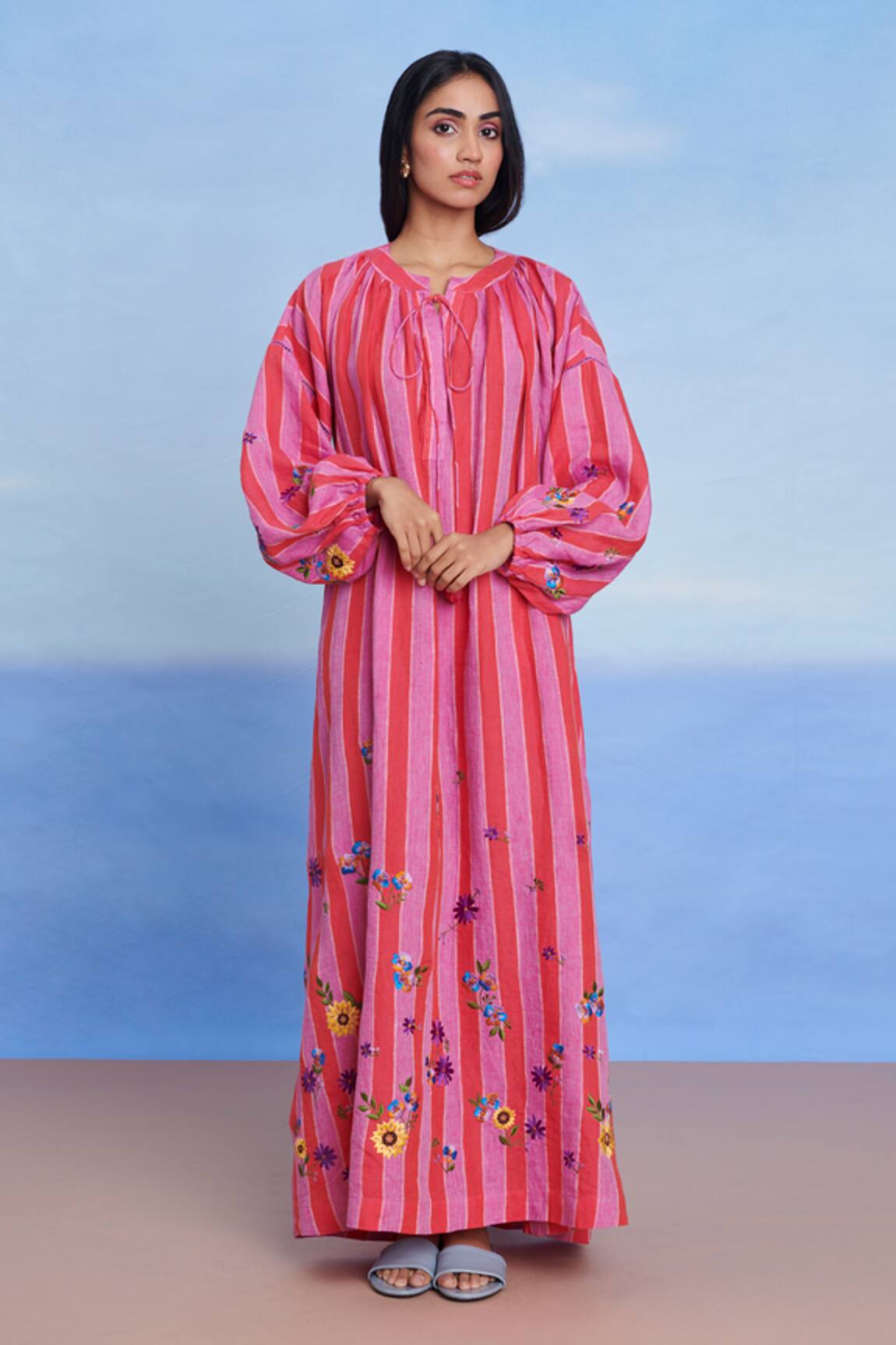Saphed Amalfi Linen Puff Sleeves Dress 