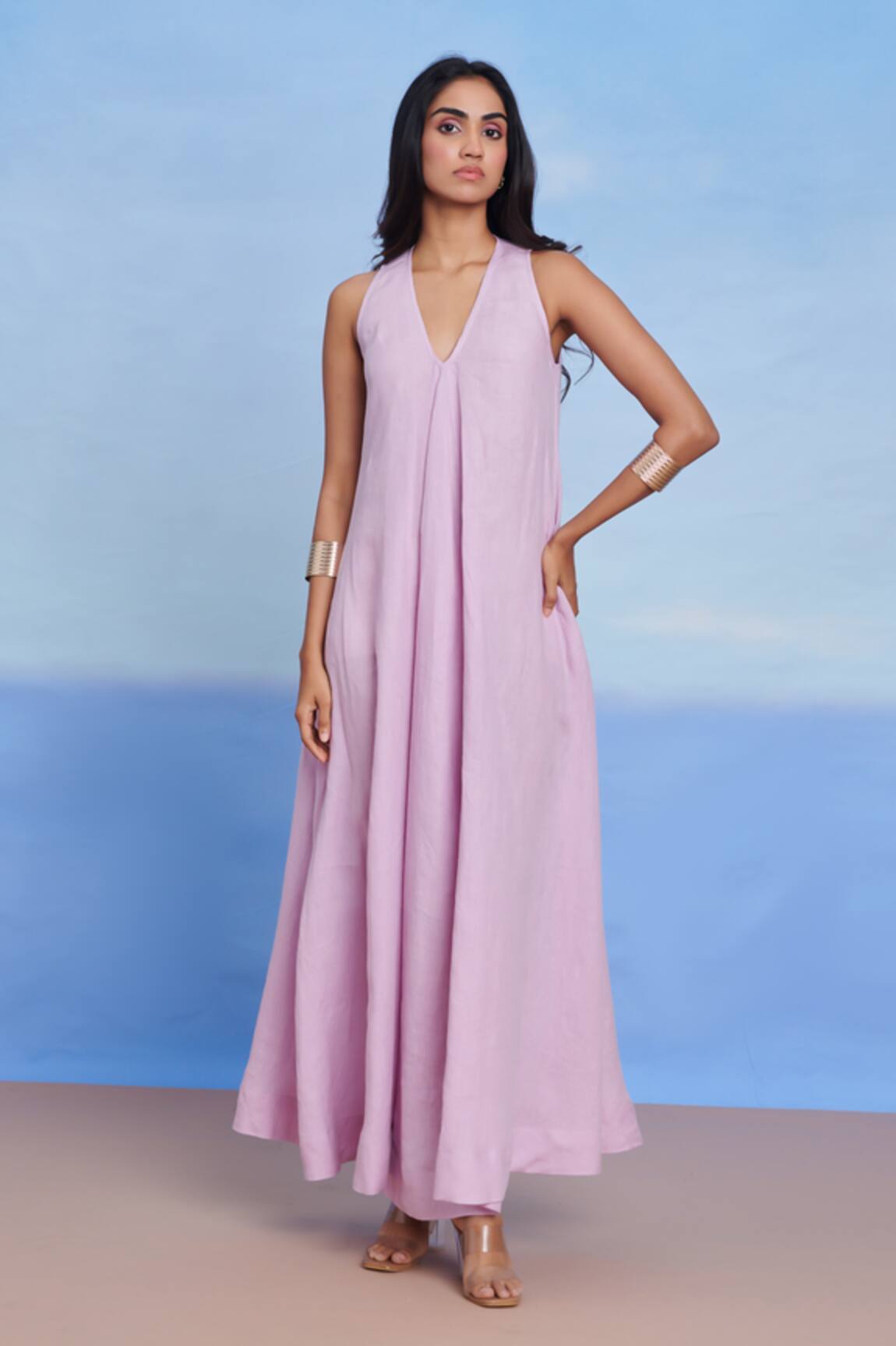 Saphed Lilac Linen Flared Dress 