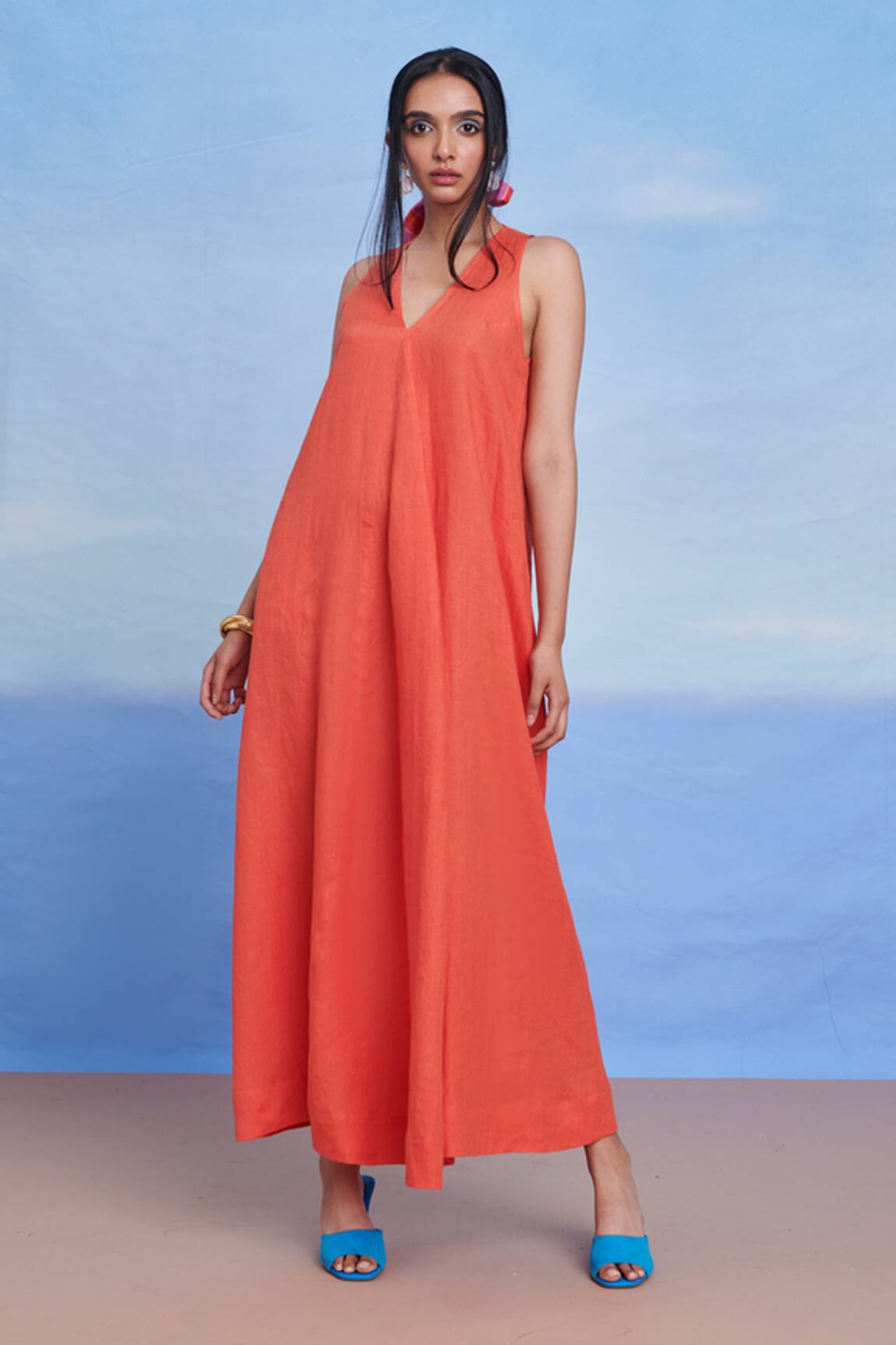 Saphed Tangerine Linen Flared Dress 