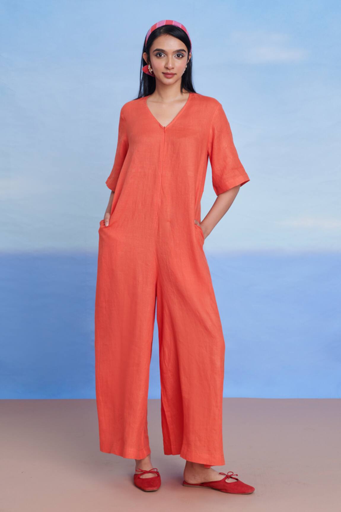 Saphed Tangerine Linen Half Sleeves Flared Jumpsuit 