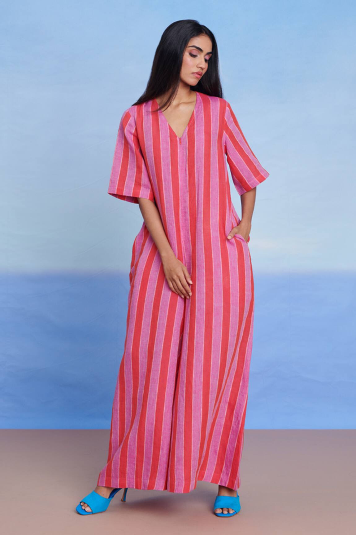 Saphed Amalfi Linen Half Sleeves Flared Jumpsuit 