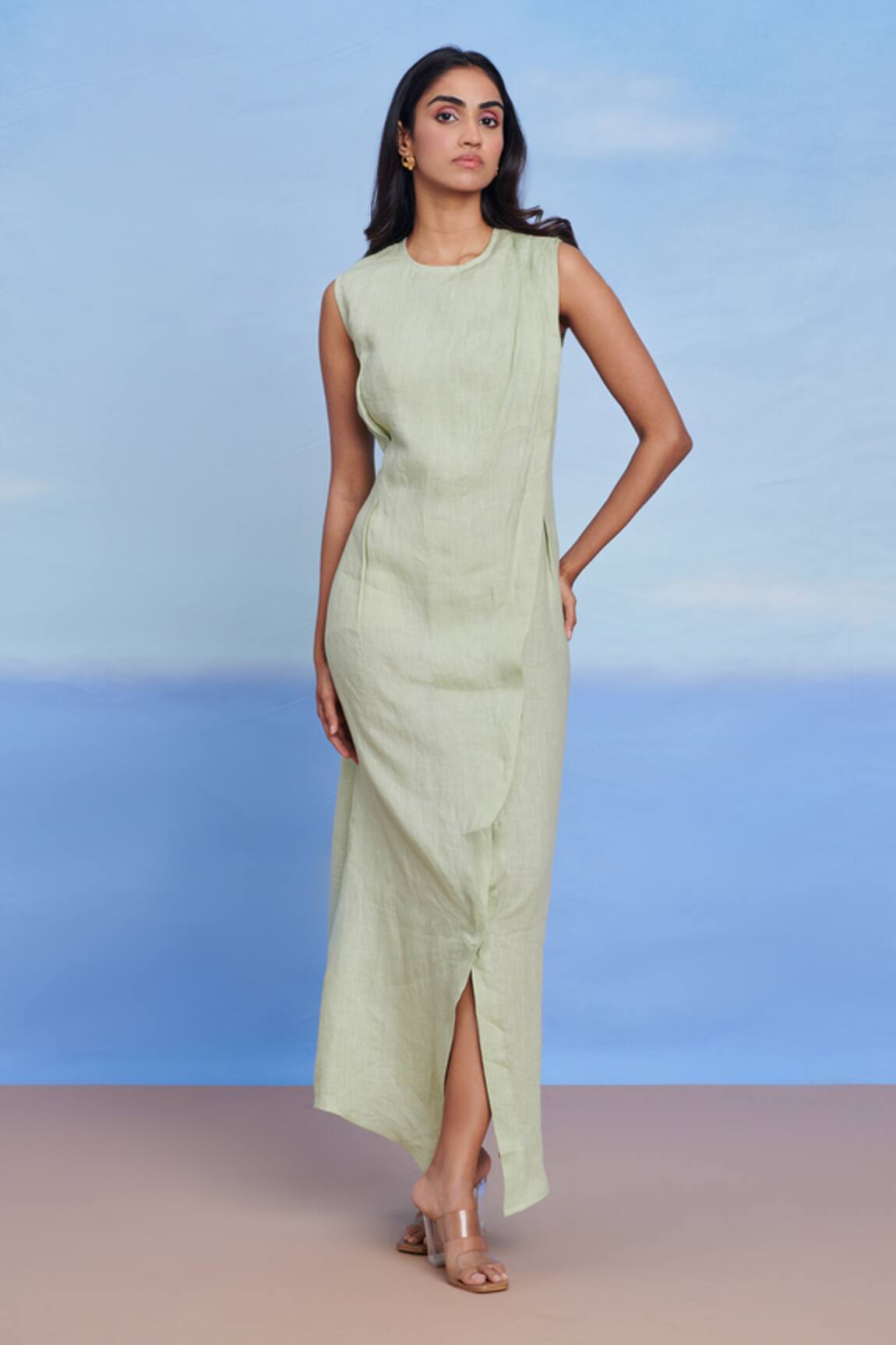 Saphed Pista Linen Drape Dress 