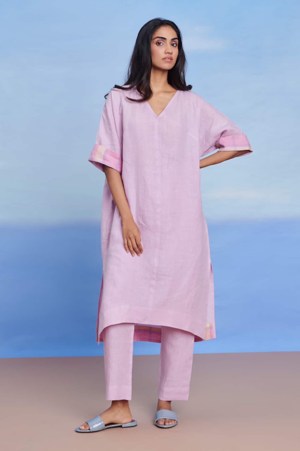 Saphed Lilac Linen Dolman Kurta Set 