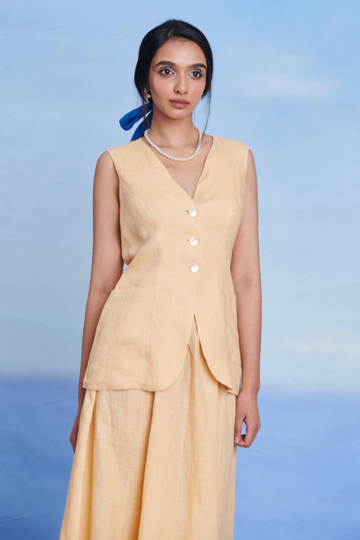 Saphed Butterscotch Linen V-Neck Vest 