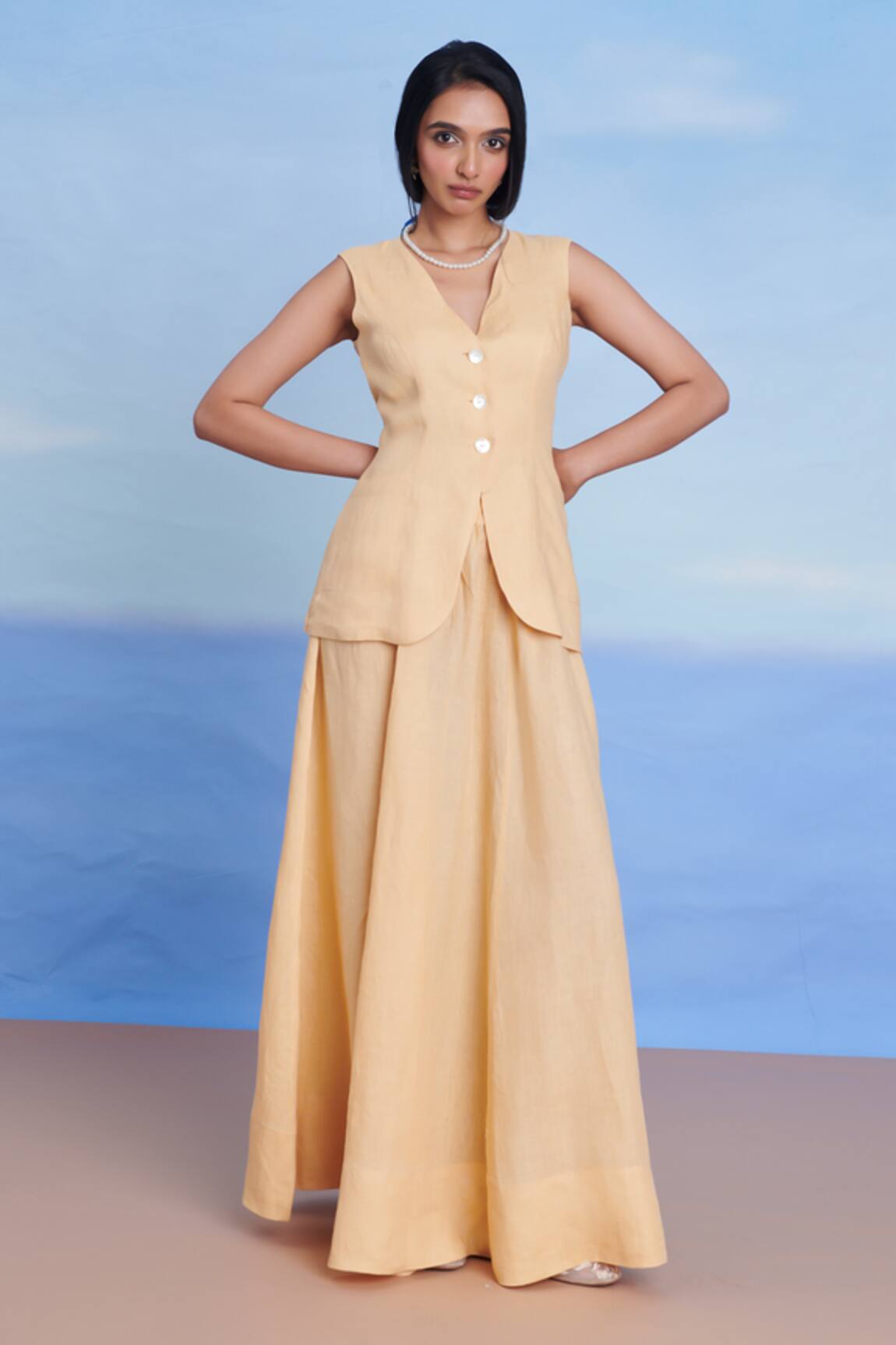 Saphed Butterscotch Linen V-neck Skirt & Maxi Skirt Set 