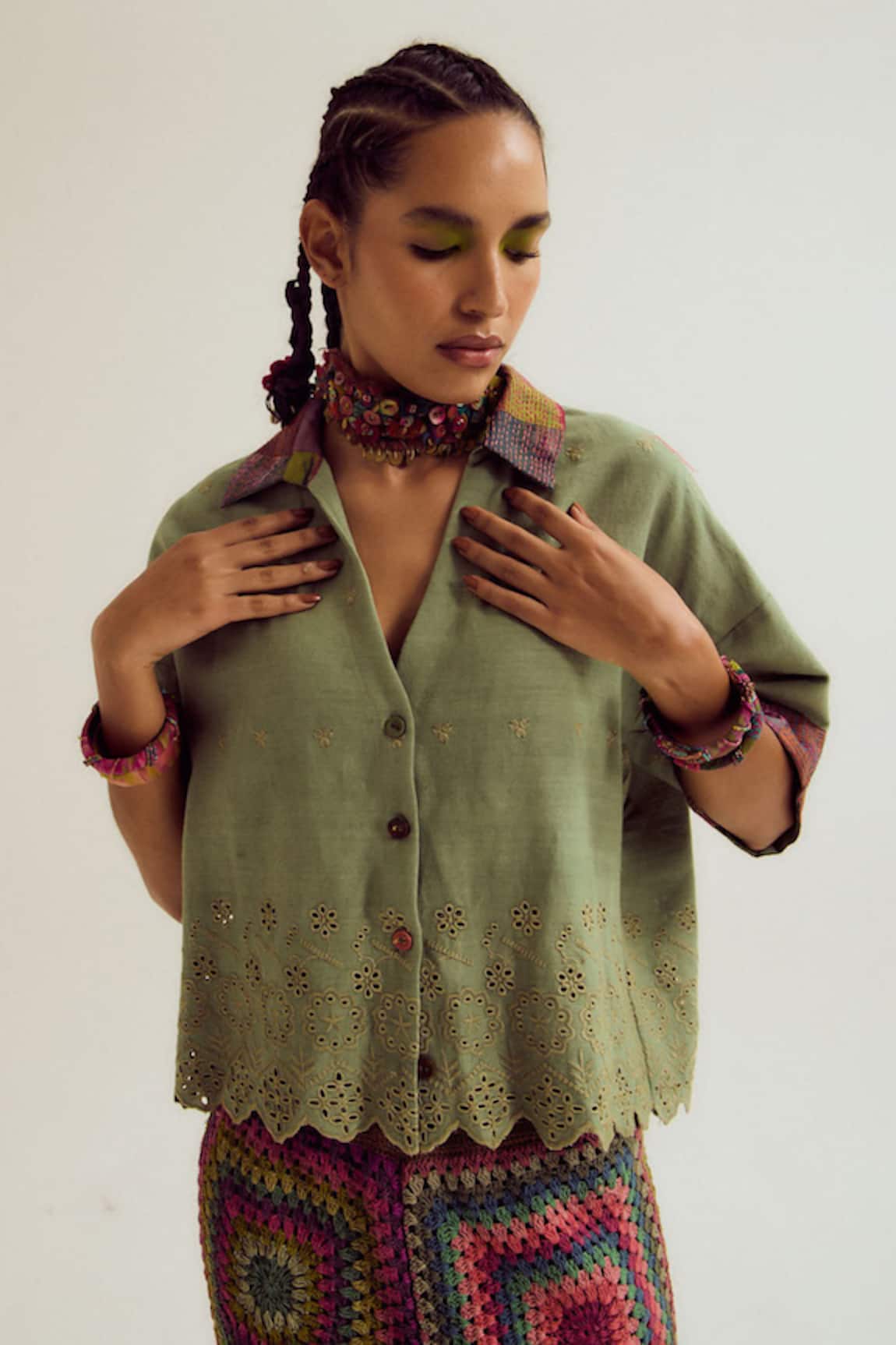 Capisvirleo Hibiscus Cutwork Sage Shirt 