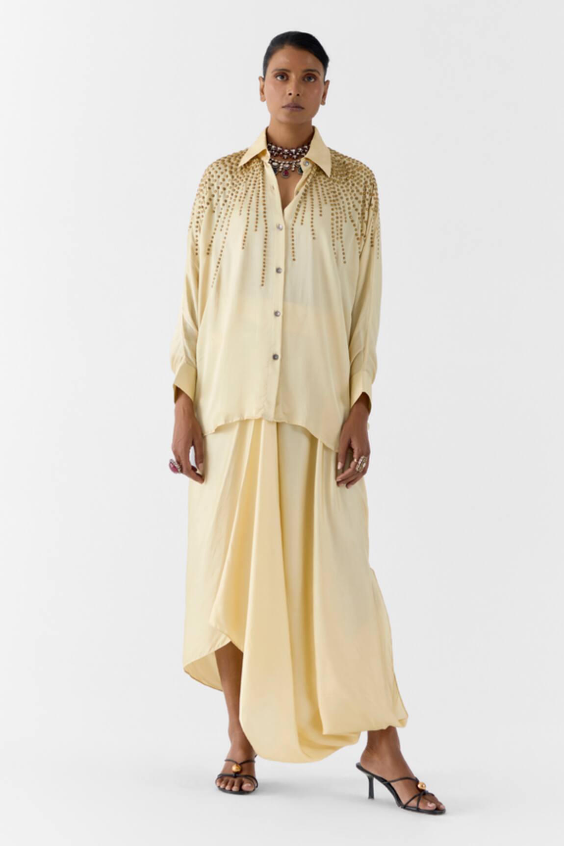 Studio Rigu Pearl Studded Shirt & Knot Skirt Set