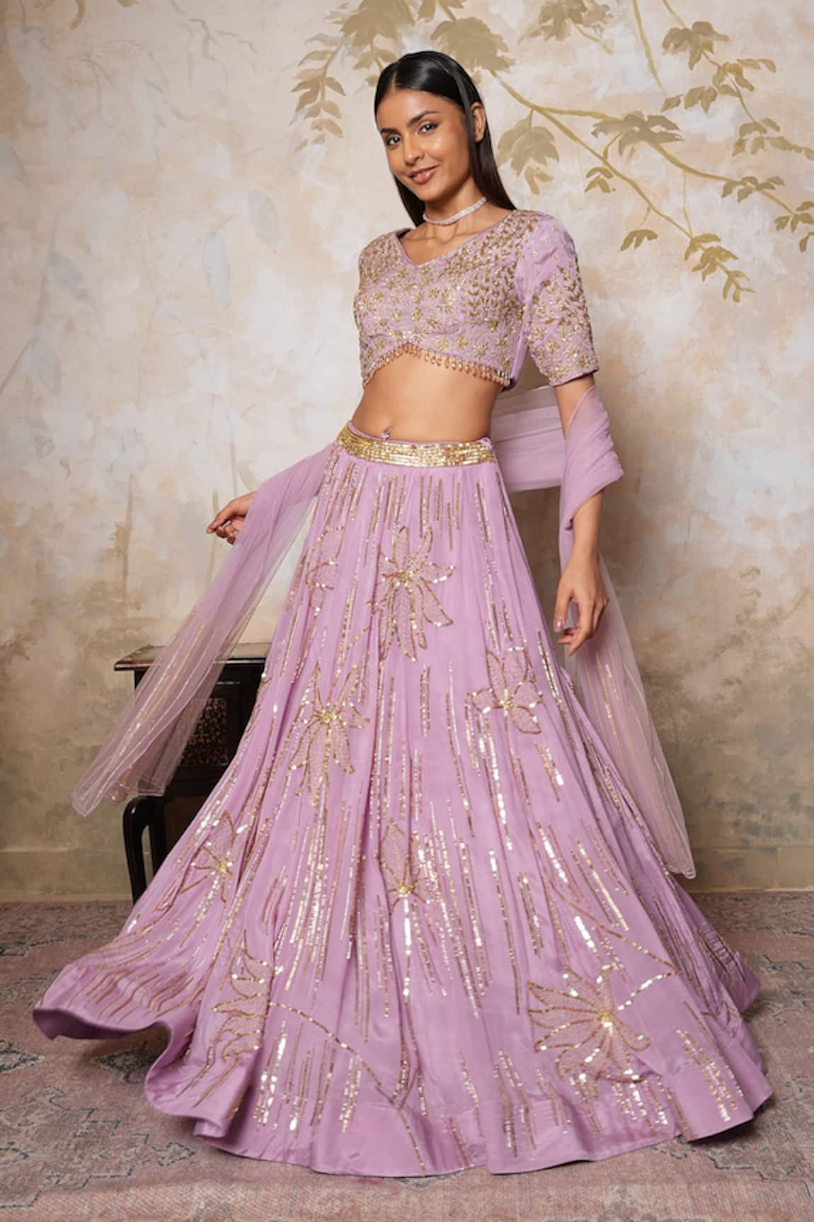 Libas Cafe by Nidhi & Ashish Striped & Floral Embroidered Lehenga Set 