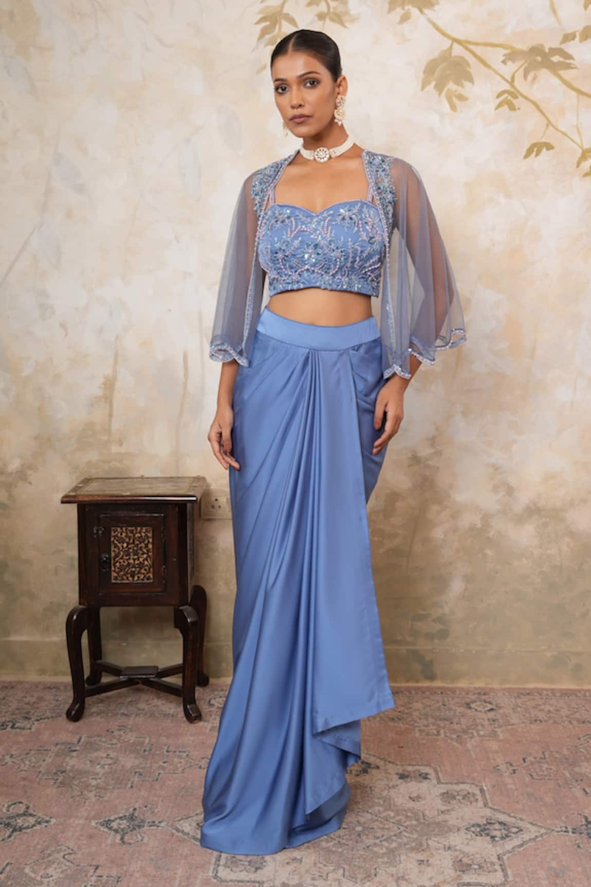 Libas Cafe by Nidhi & Ashish Hand Embroidered Sheer Cape & Draped Dhoti Set 