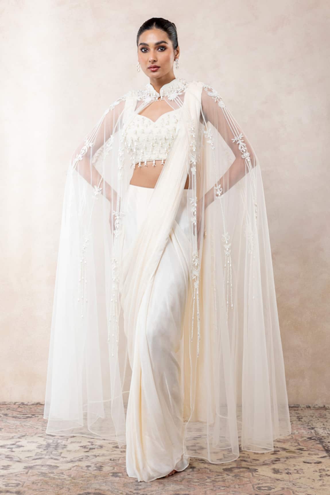 Libas Cafe by Nidhi & Ashish Hand Embroidered Pearl Work Cape Saree Set 