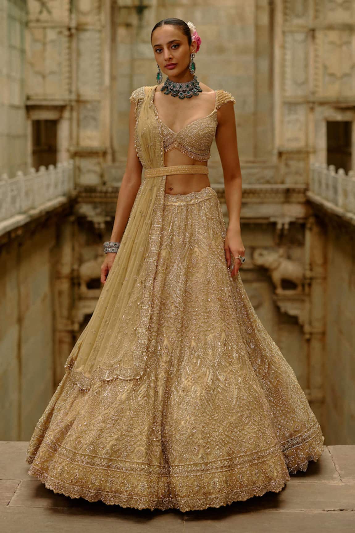 Nitika Gujral Gold Net Embroidered Bridal Lehenga Set 
