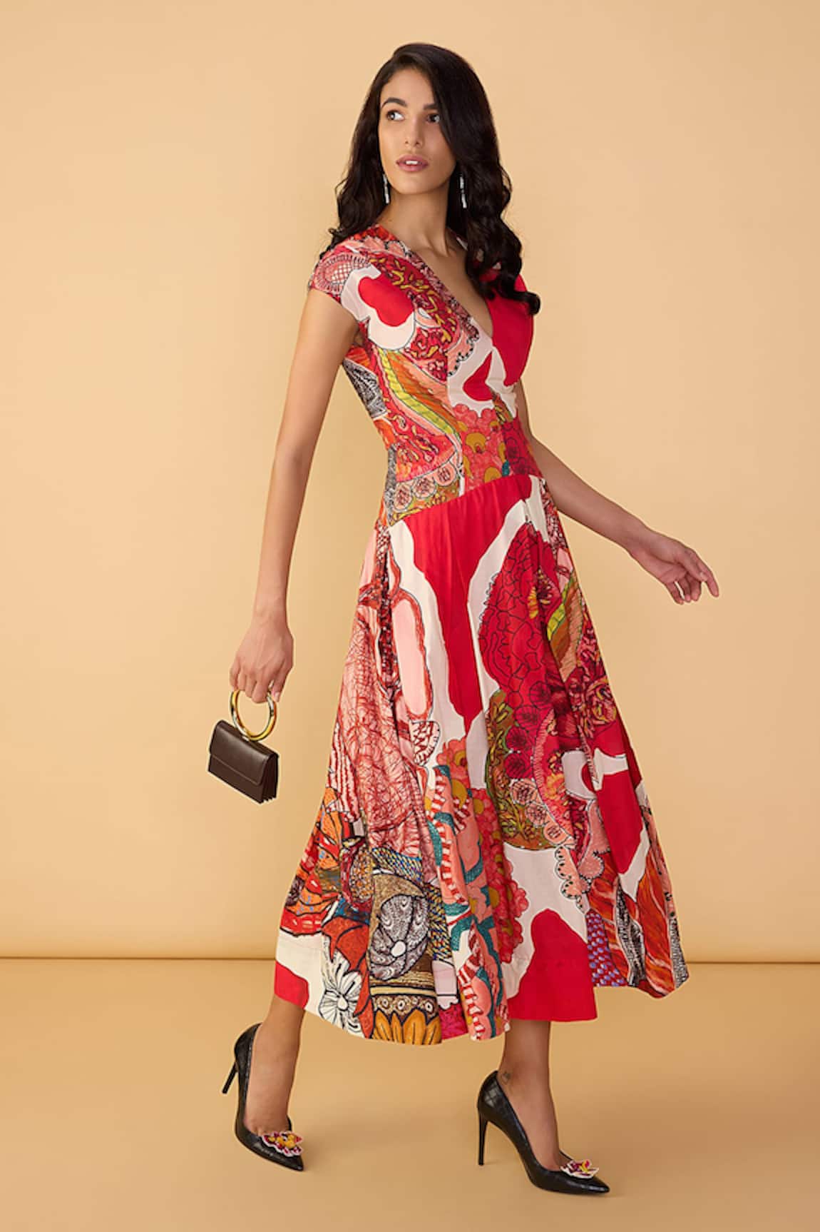 Saaksha & Kinni Red Velvet Ramie Printed Dress 
