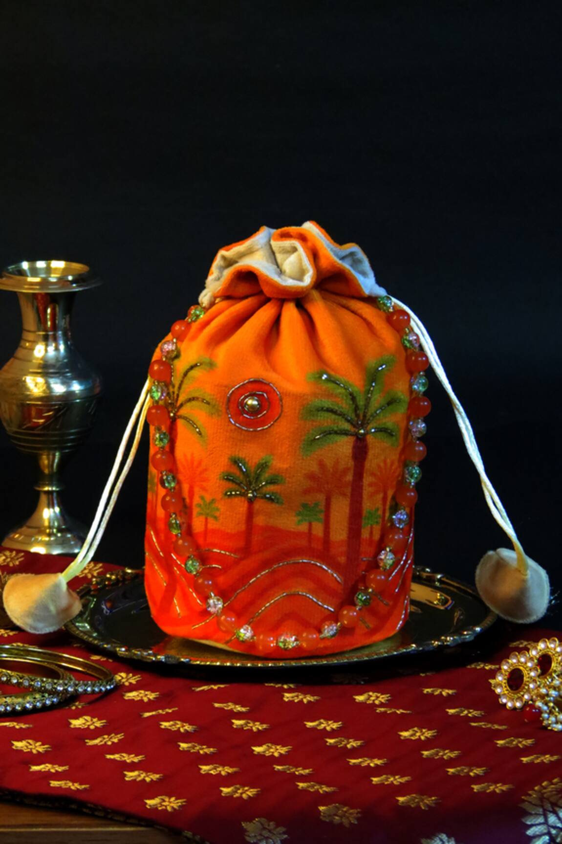 Mid July Home Scenic Palm Embroidered Potli Bag 