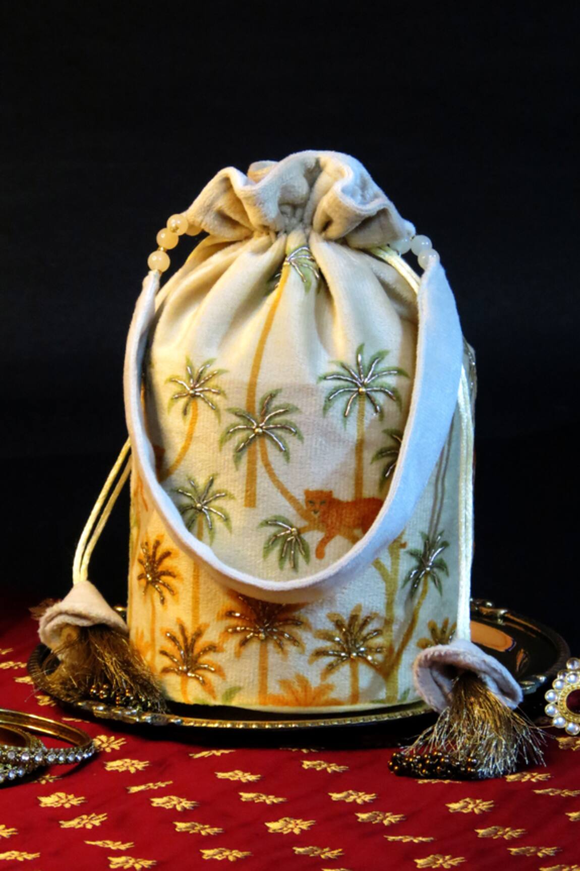 Mid July Home Palm Tree & Leopard Embroidered Potli Bag 