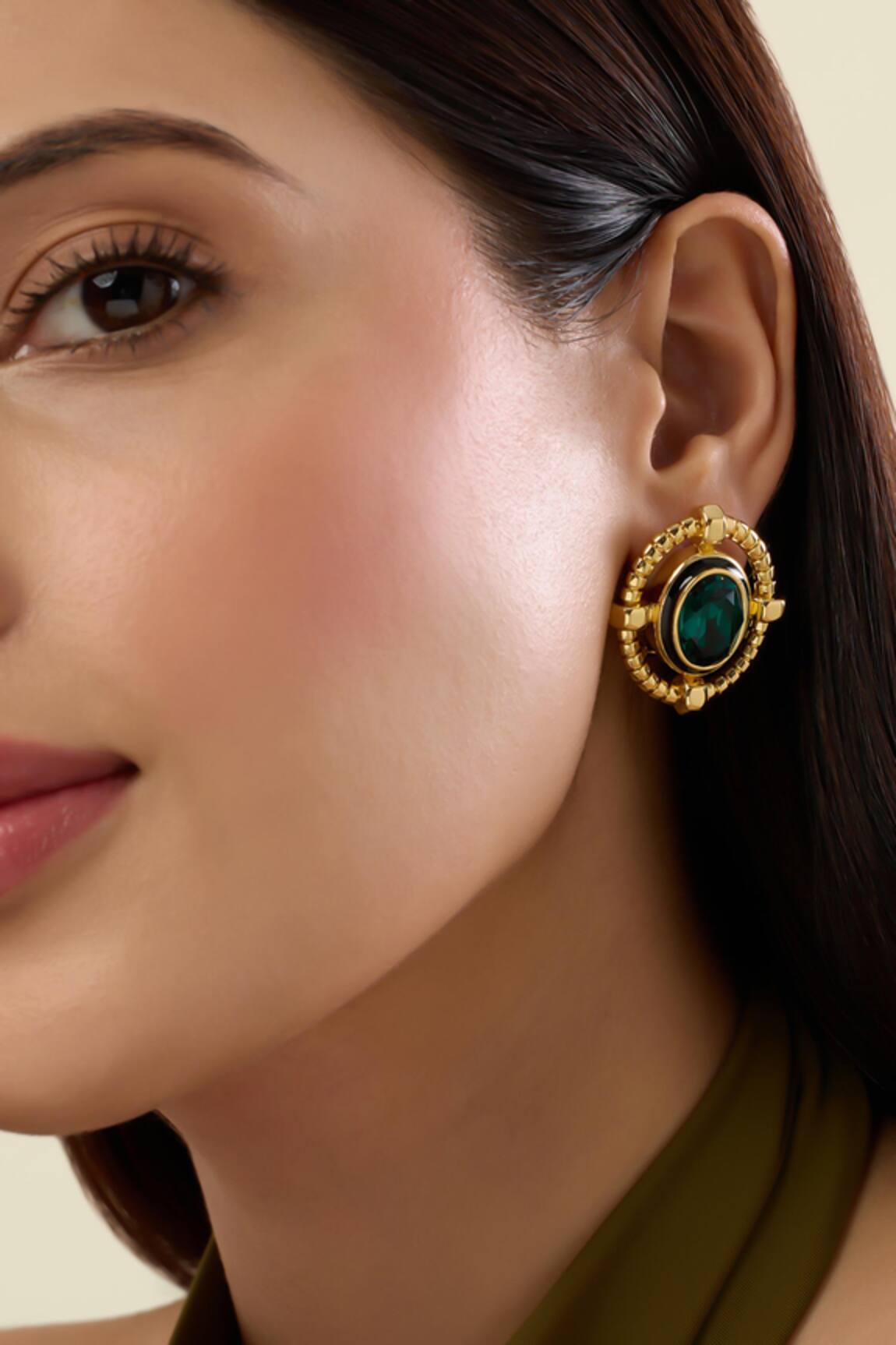 Isharya Nut & Bolt Emerald Crystal Stud Earrings 