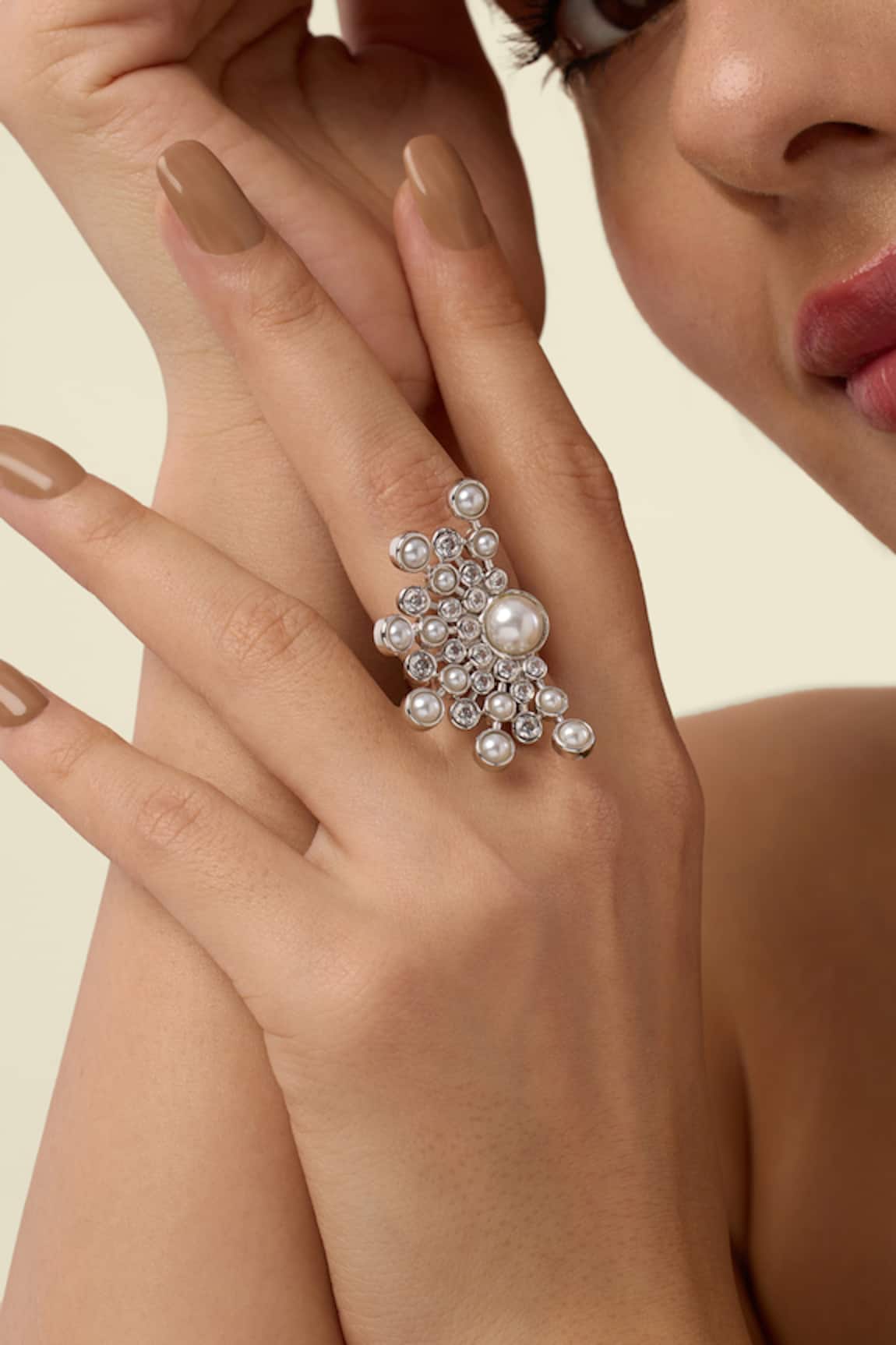 Isharya Modern Maharani Silver Half Moon Starburst Ring 