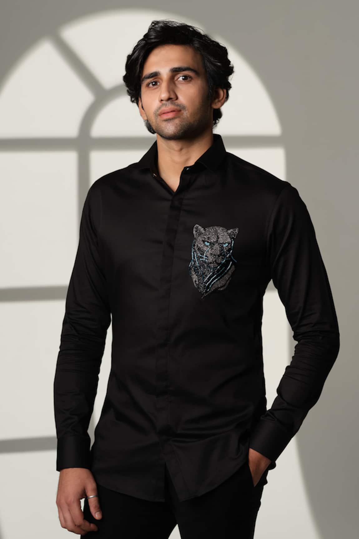 Sanjana Reddy Designs 3D Panther Placement Embroidered Shirt 