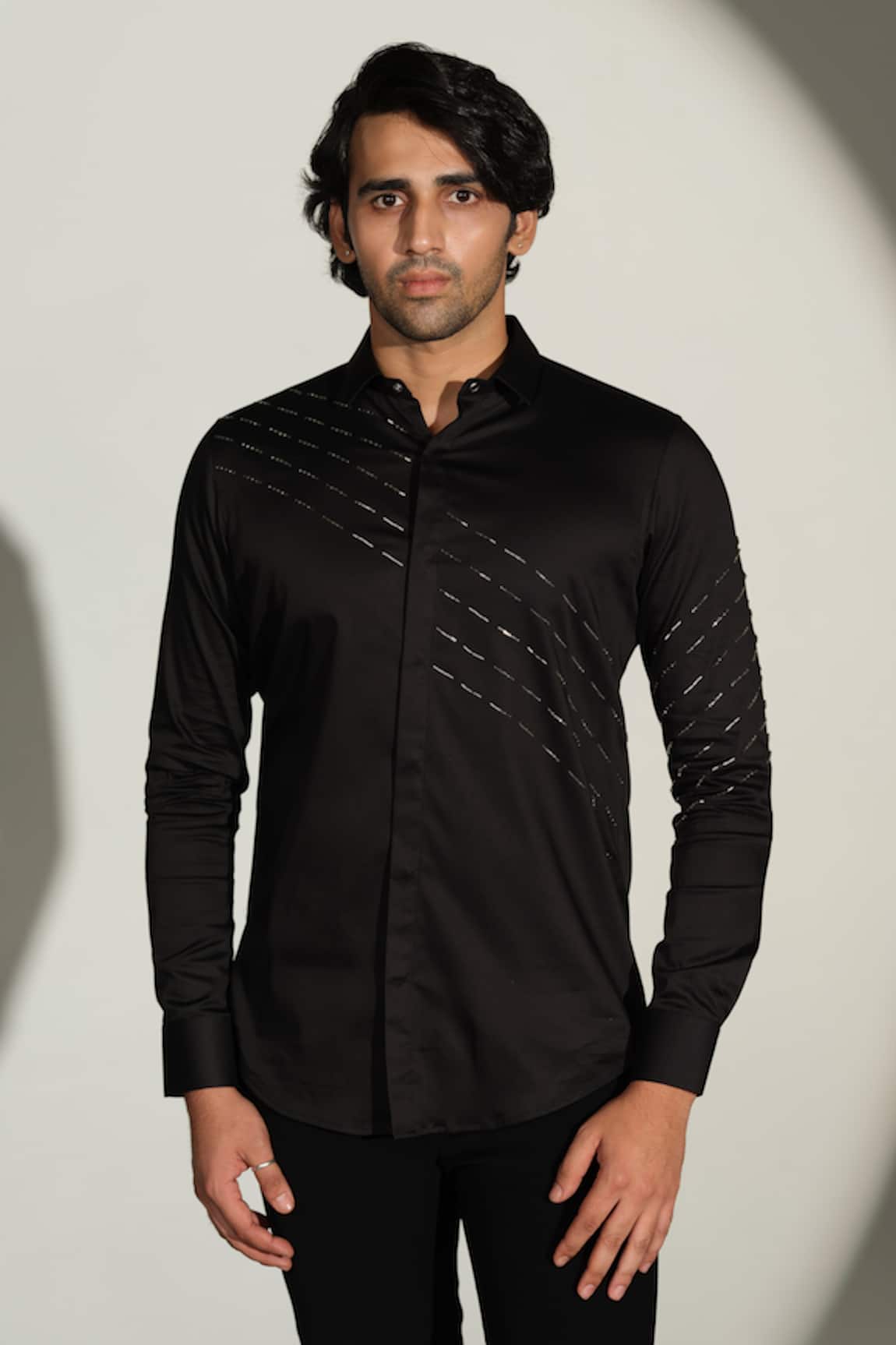 Sanjana Reddy Designs Slant Sally Lines Placement Embroidered Shirt 