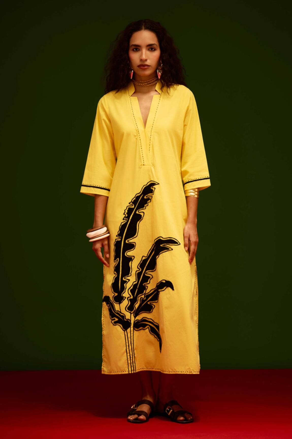 Indian Summer Story Mango Yellow Cotton Thread Embroidered Dress 