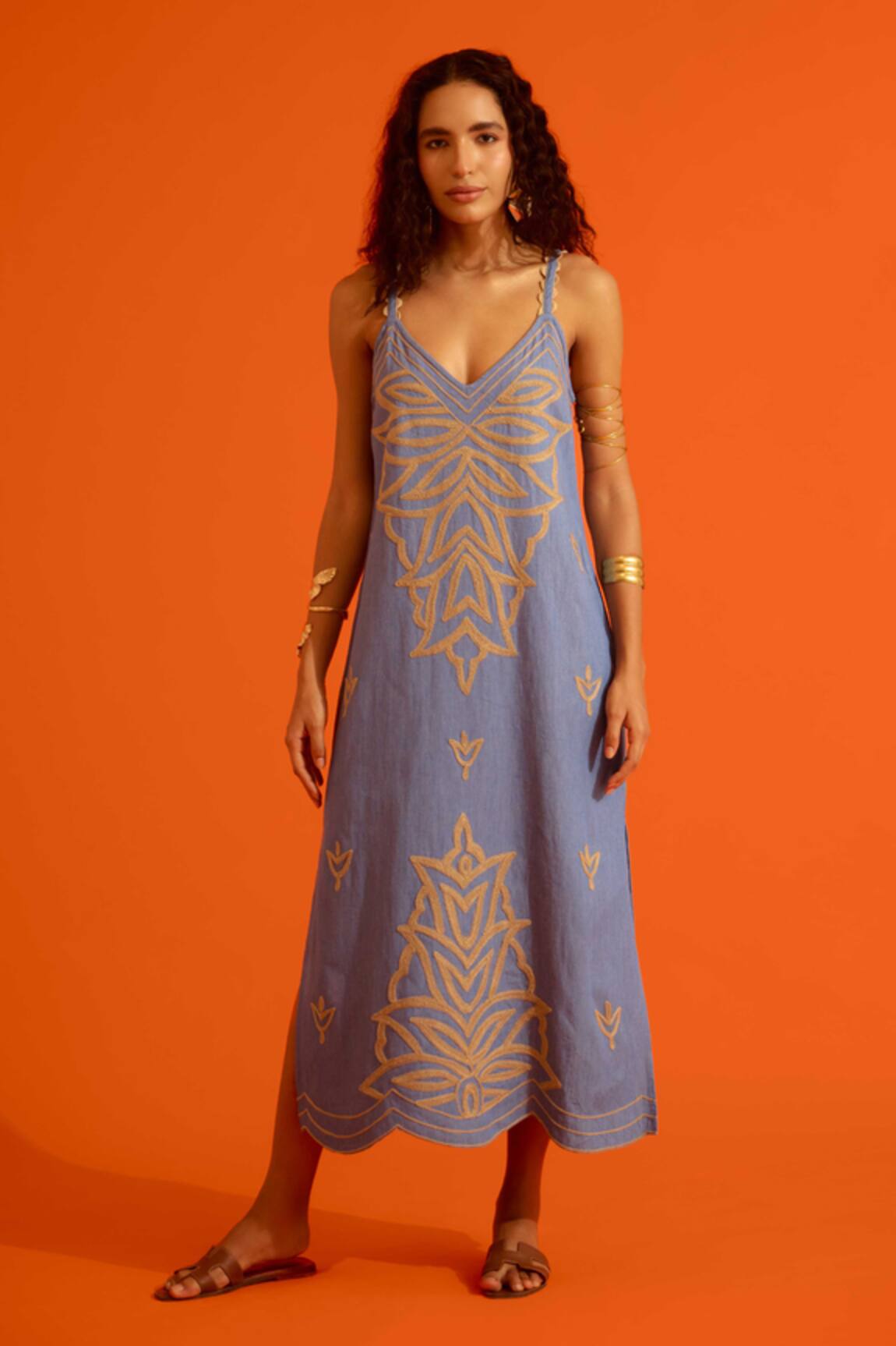 Indian Summer Story Denim Flame Thread Embroidered Dress 