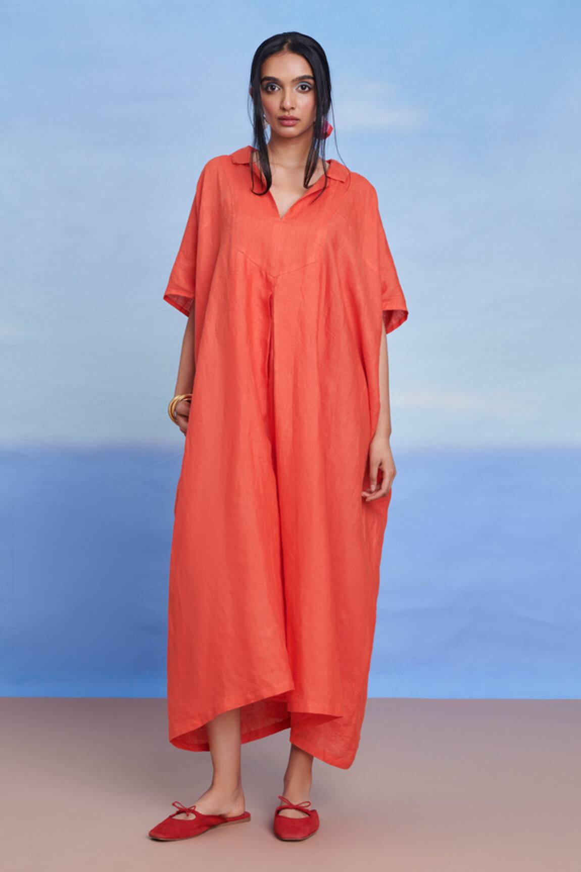 Saphed Tangerine Linen Kaftan Dress 