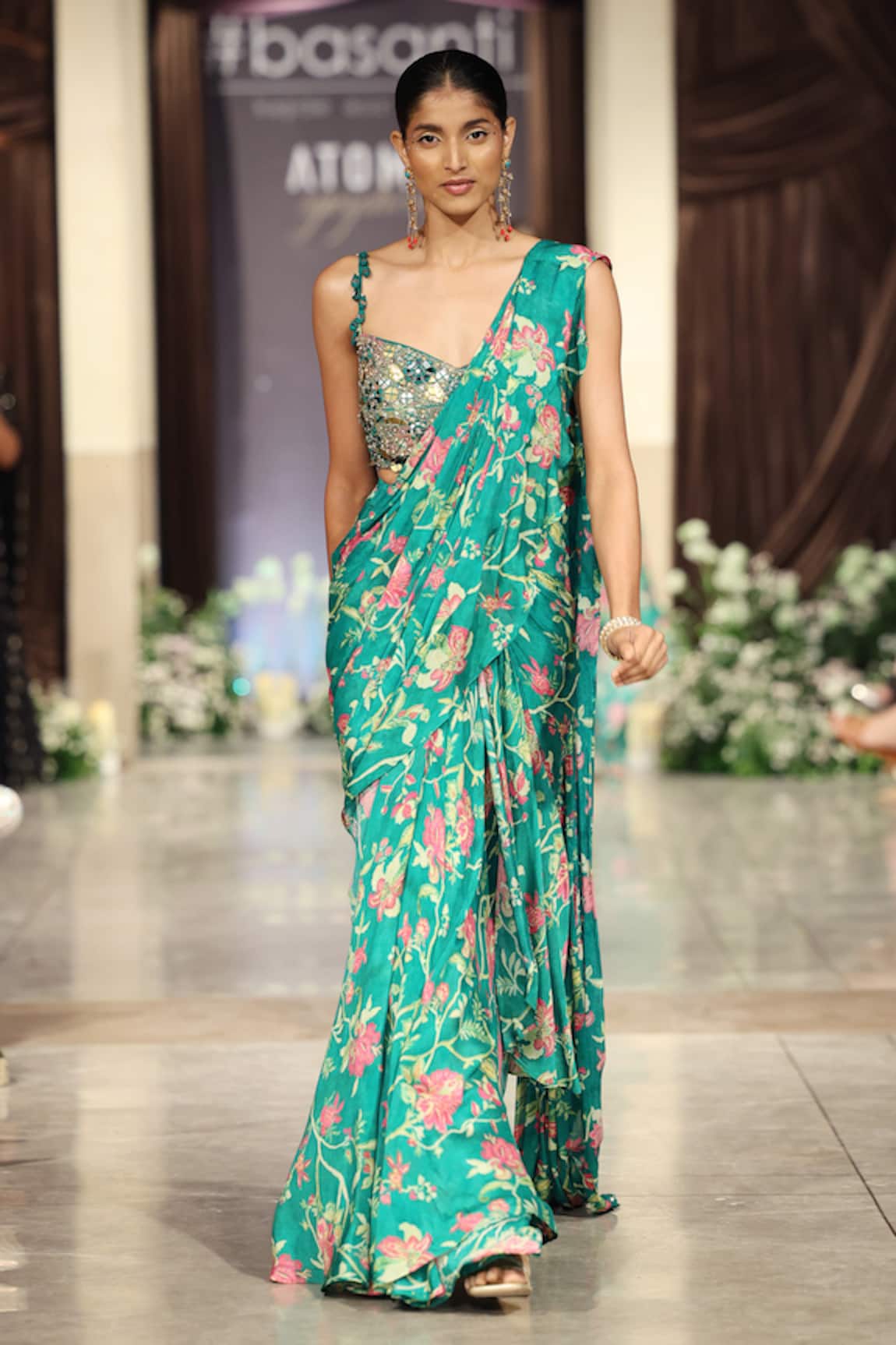 Basanti - Kapde Aur Koffee Green Embroidered Pre-Draped Saree With Blouse 