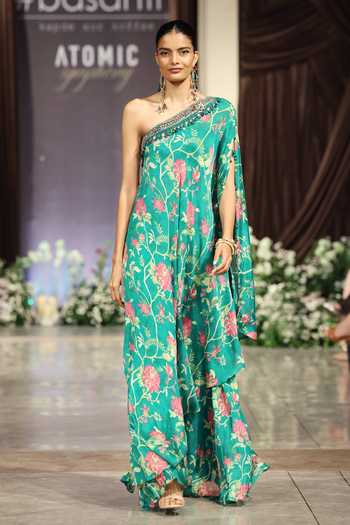Basanti Kapde aur Koffee Green Chiffon Embroidered Cape Sharara Set 