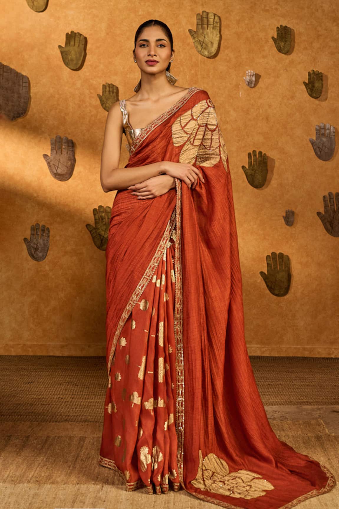 Masaba Rust Windrose Saree With Unstitched Blouse Piece