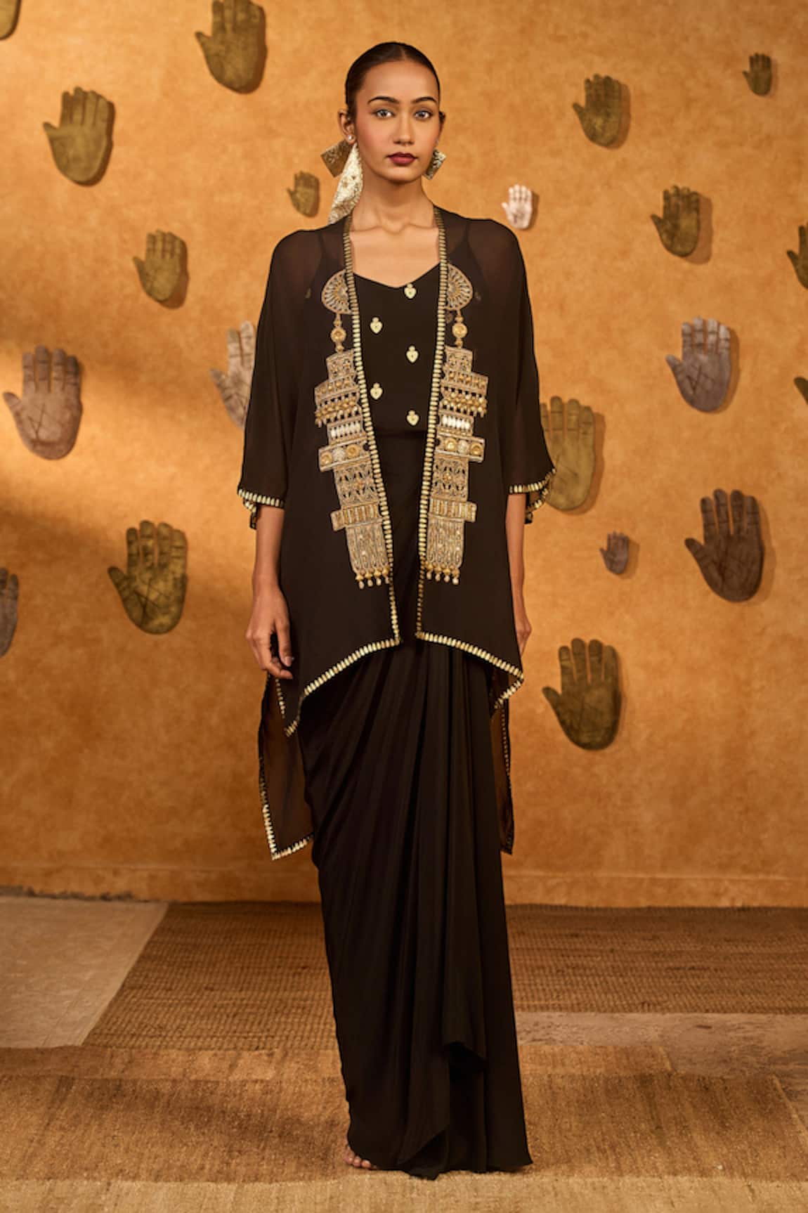 Masaba Black Heartbeat Draped Cape Set