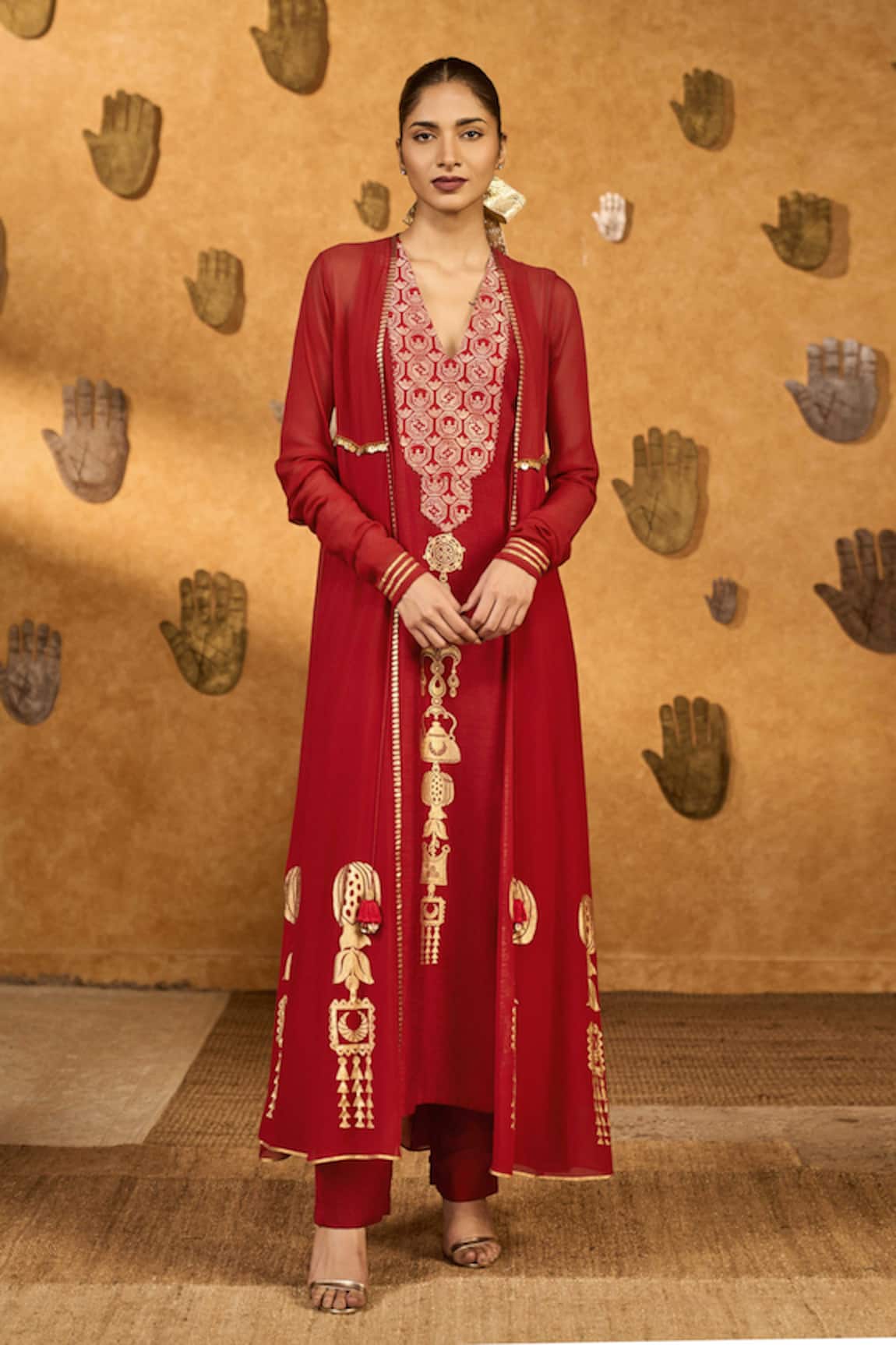 Masaba Red Pop Pod Pendant Anarkali & Jacket Set