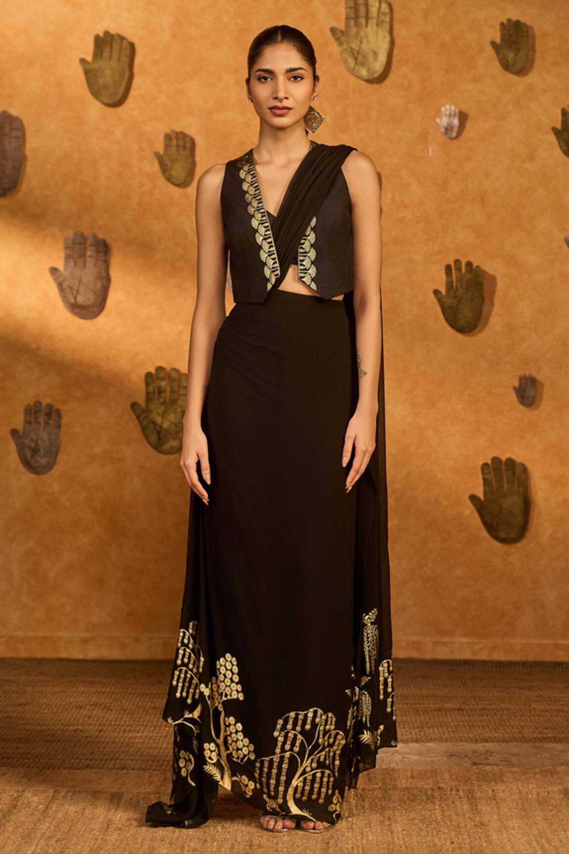 Masaba Black Zen Stitched Pre-Draped Saree & Jacket Set