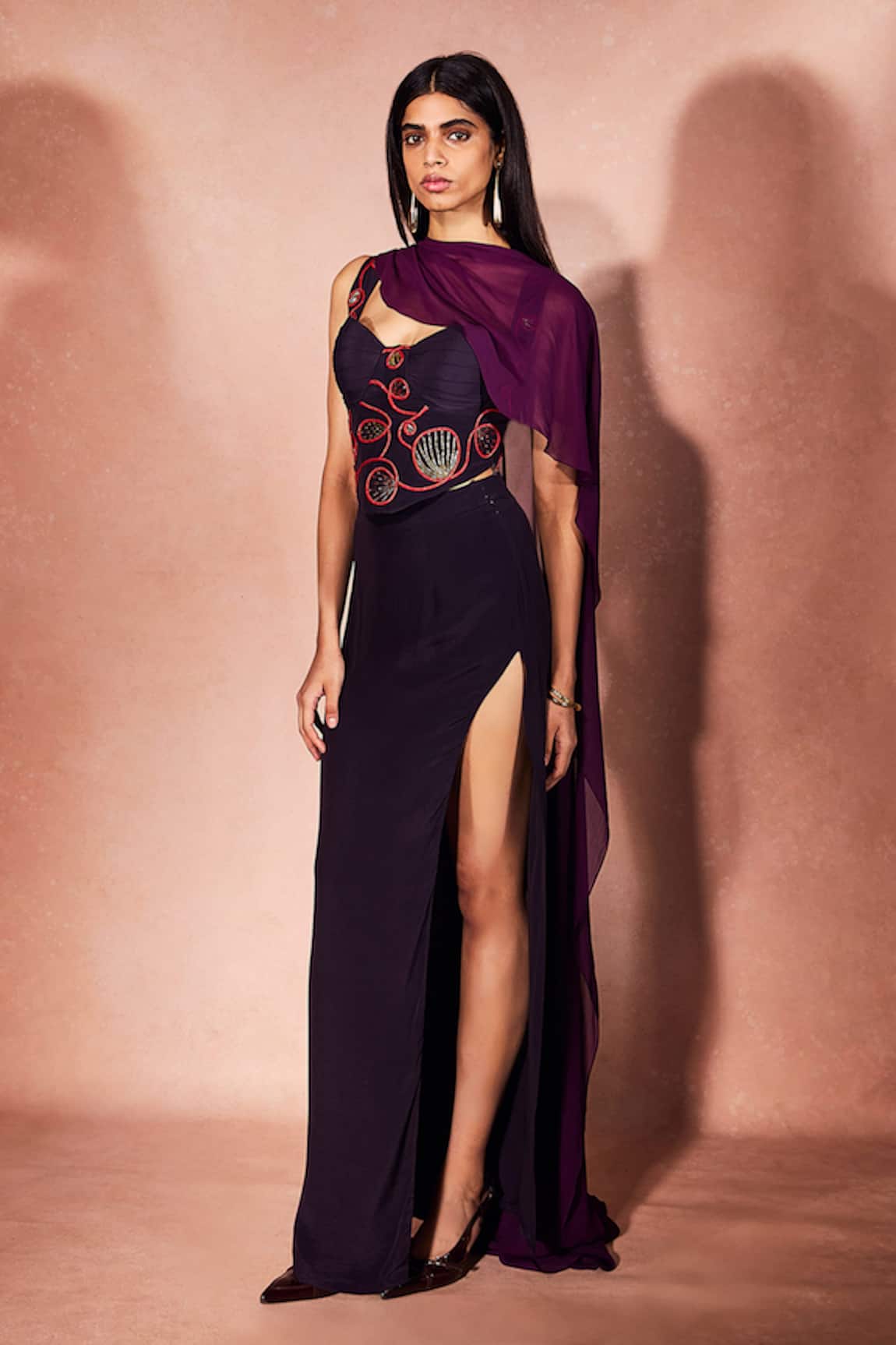 Nirmooha Plum Flame Embroidered Corset & Skirt Set 