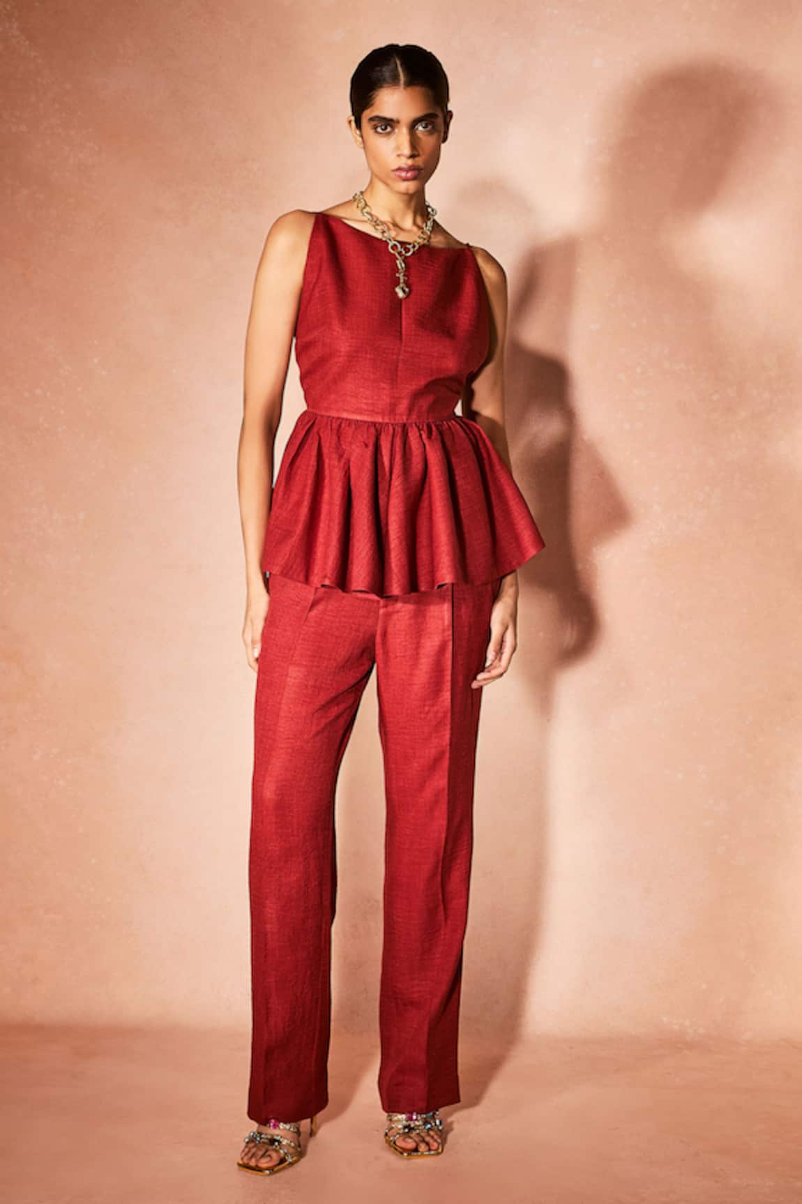 Nirmooha Flame Orange Peplum Top & Pant Set 